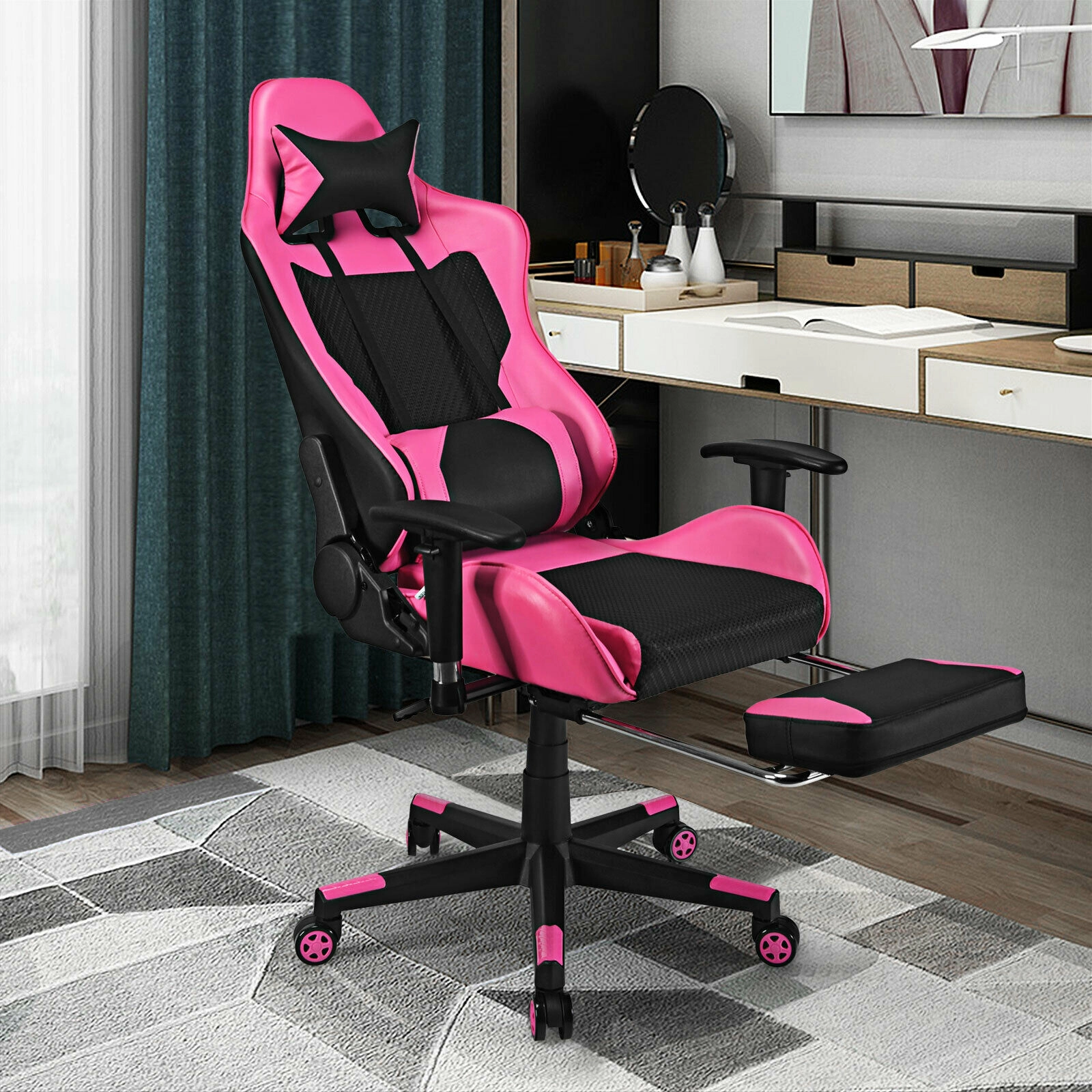 SUGIFT Pink USB Massage Lumbar Pillow and Retractable Footrest PU Leather Gaming Chair
