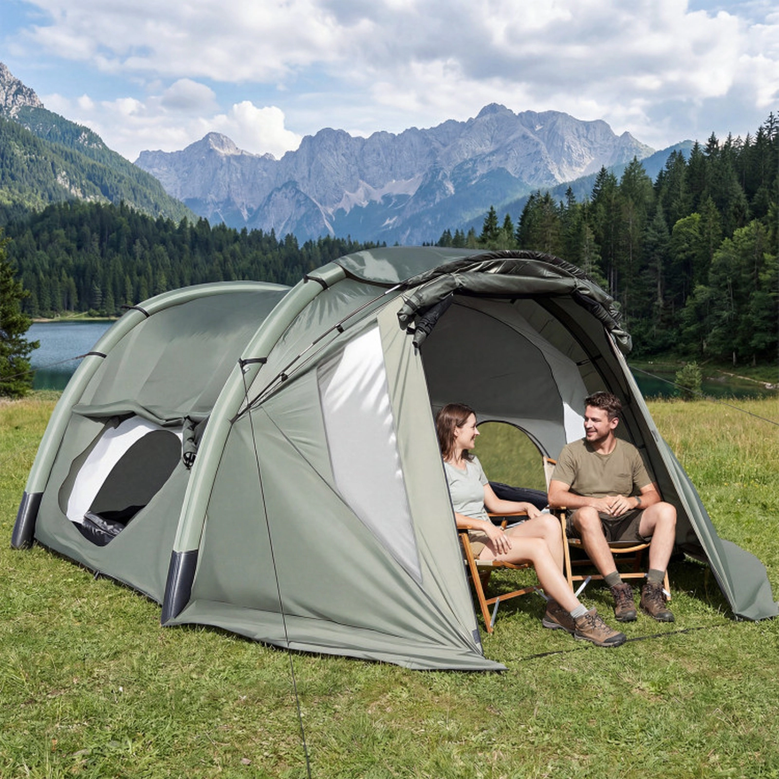 SUGIFT 5-7 Person Green Inflatable Camping Tent with Screened Porch and Hand Pump 13-ft W 9.5-ft D 5.4-ft H