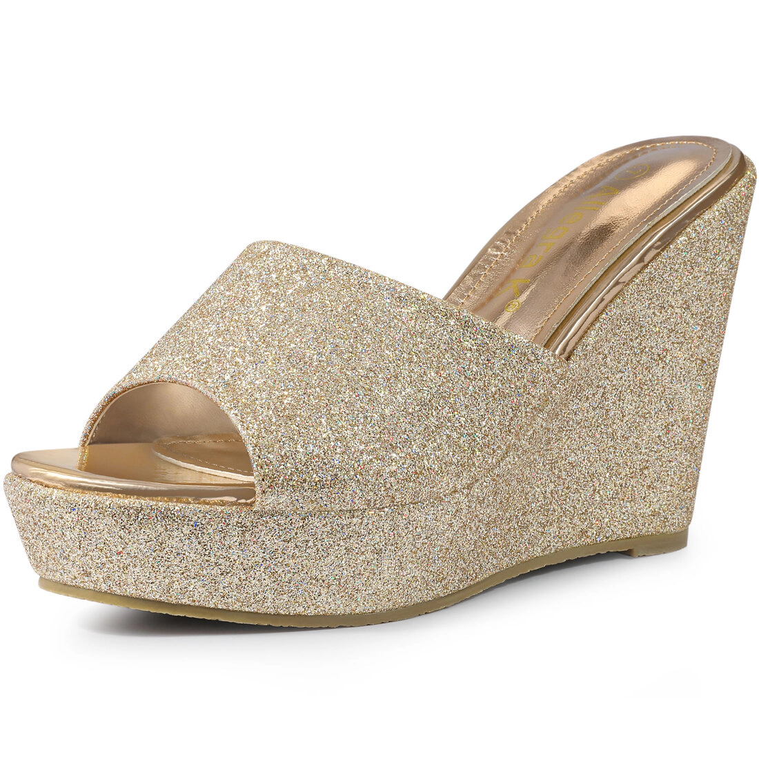 BLISSFUL STEP Women's Glitter Platform Slip on Wedge Heels Sandals