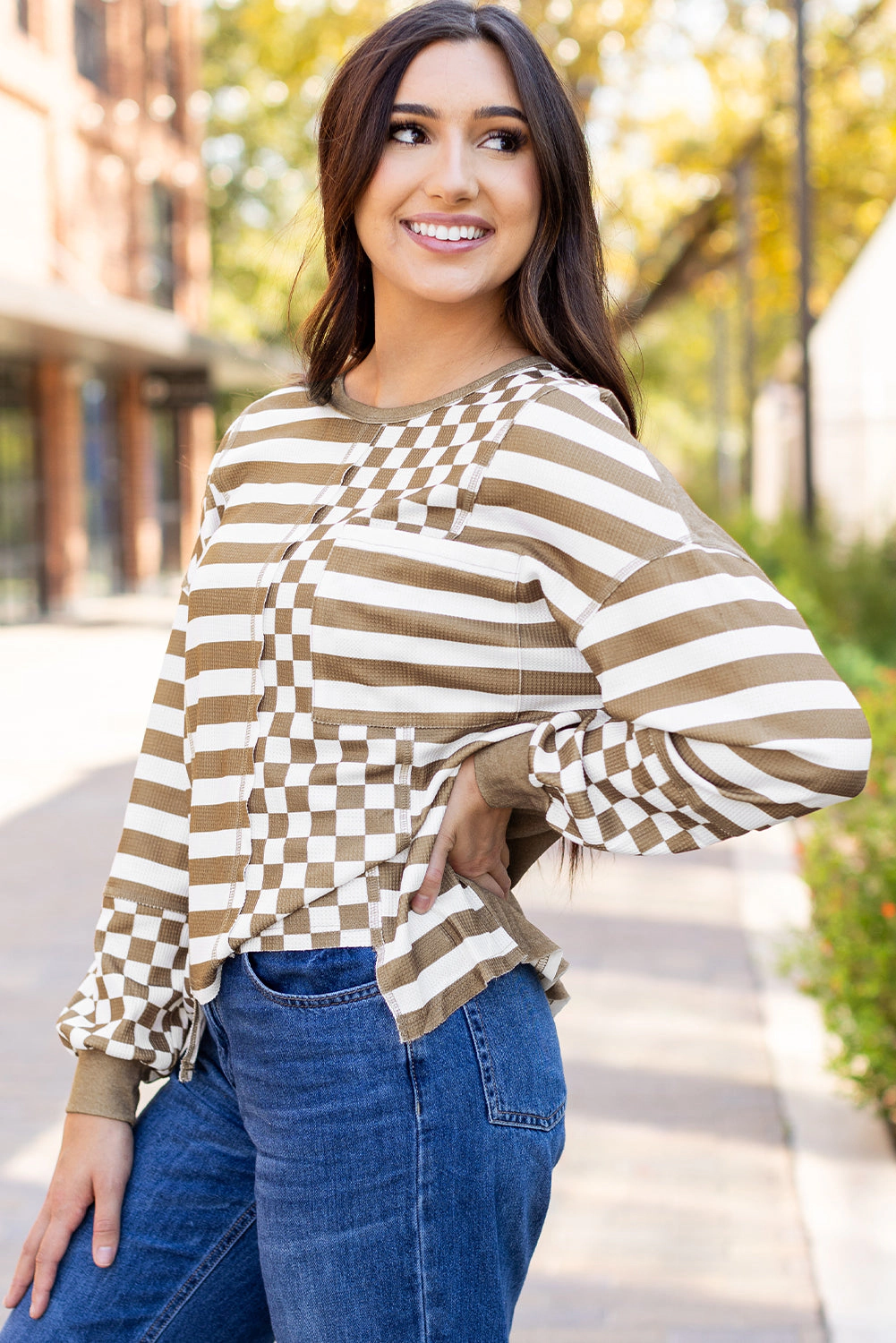 Threaded Pear Women's Fatima Patchwork Lantern Sleeve Blouse
