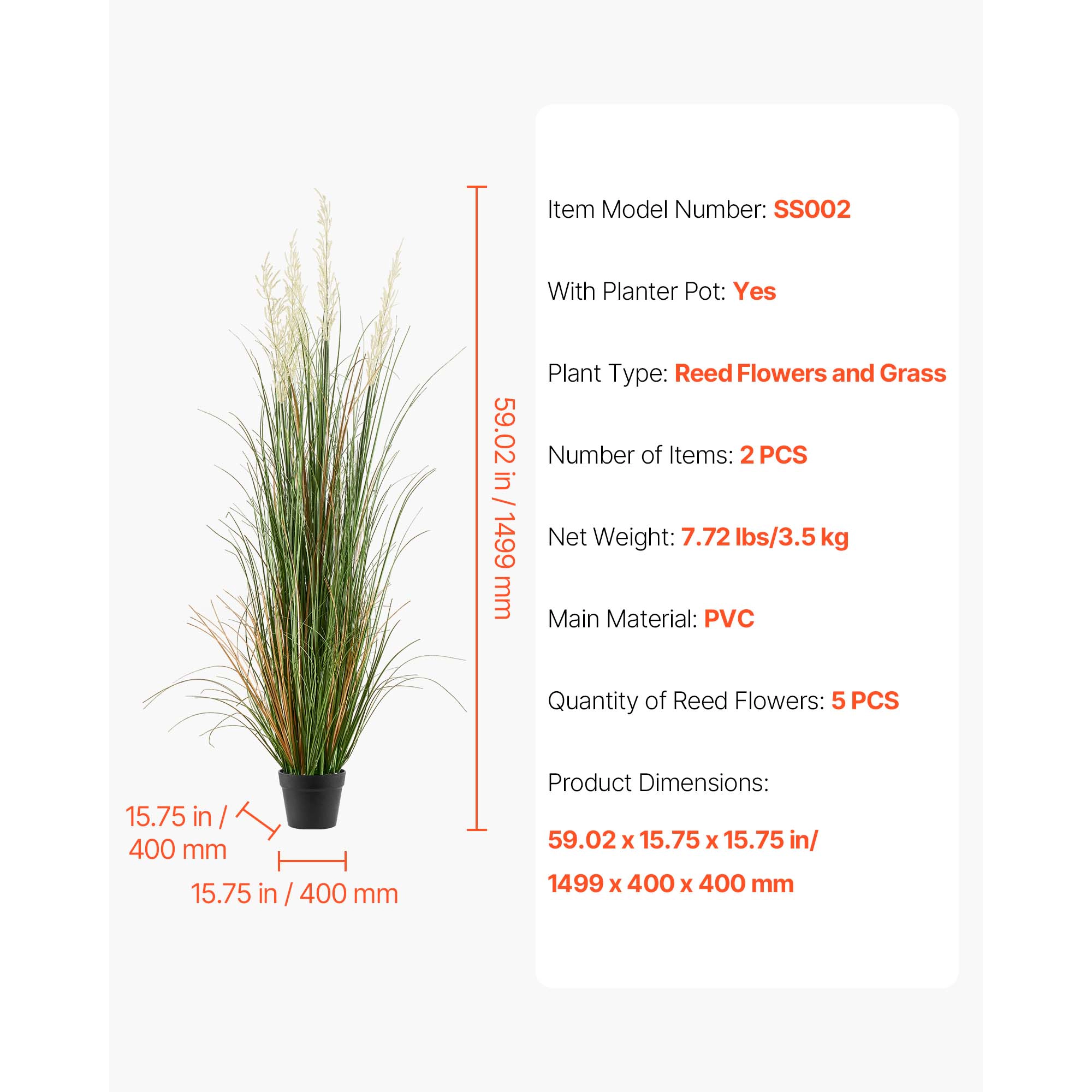 HONGGE Artificial Grass Plant Reed Flower Grass in Pot Premium PVC Faux Fake Greenery Shrubs Plant for Indoor Outdoor