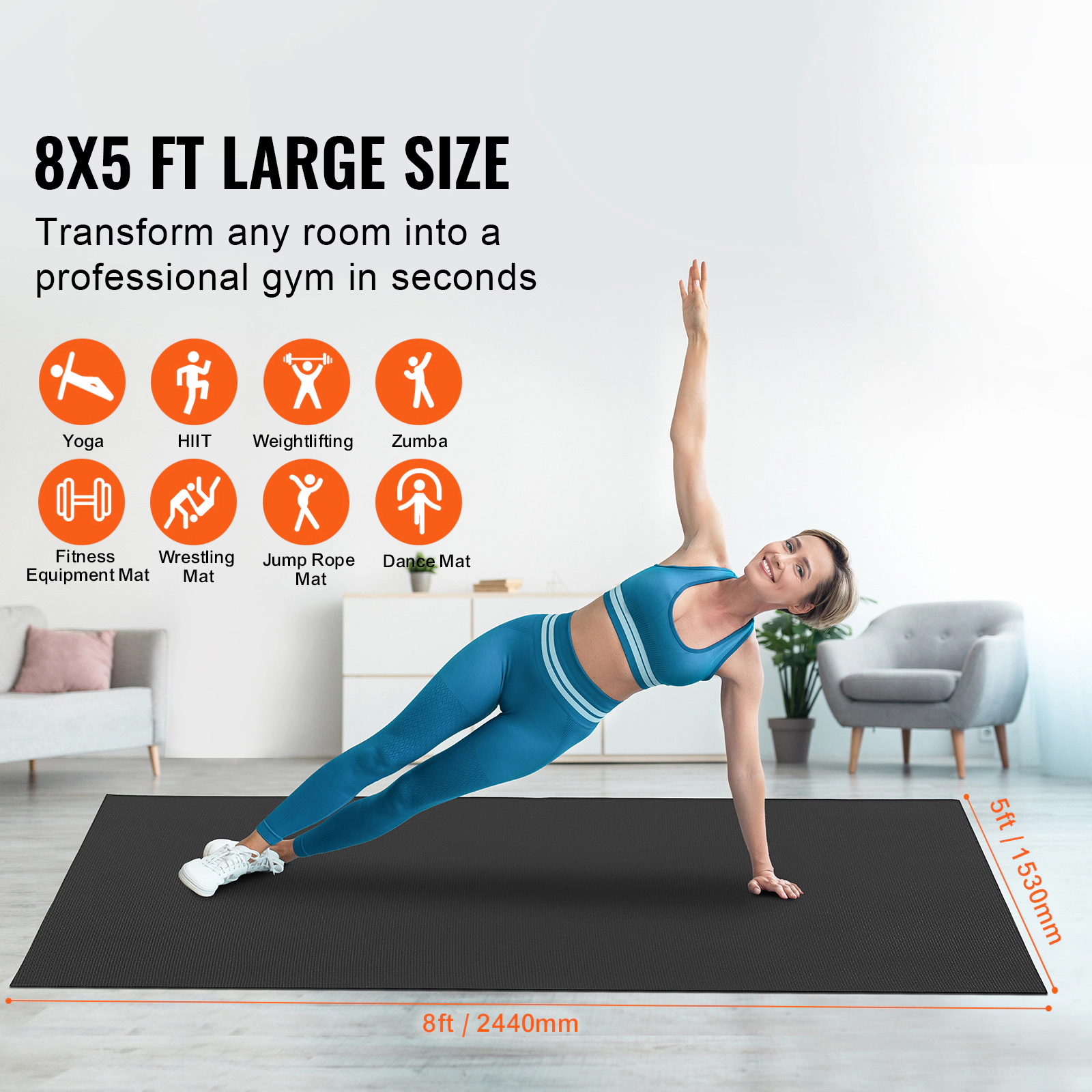 HONGGE Large Non-Slip Yoga Mat, 8x5 ft PVC Exercise Mat for 1-2 People, Home Gym Workout Mat with Carry Bag