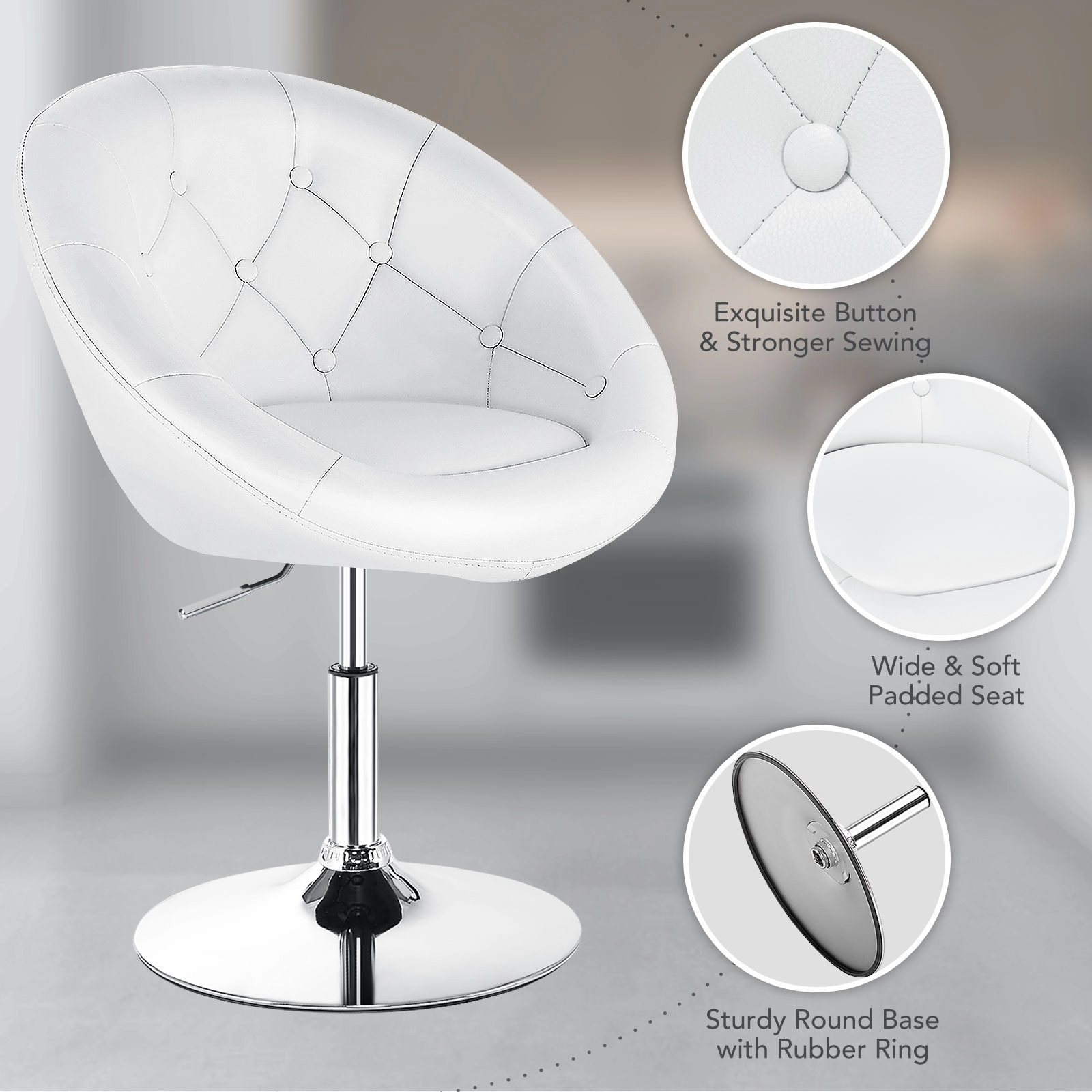 SUGIFT Adjustable Height 330-lb Capacity White Tufted Round Back Swivel Accent Chair with Chrome Frame