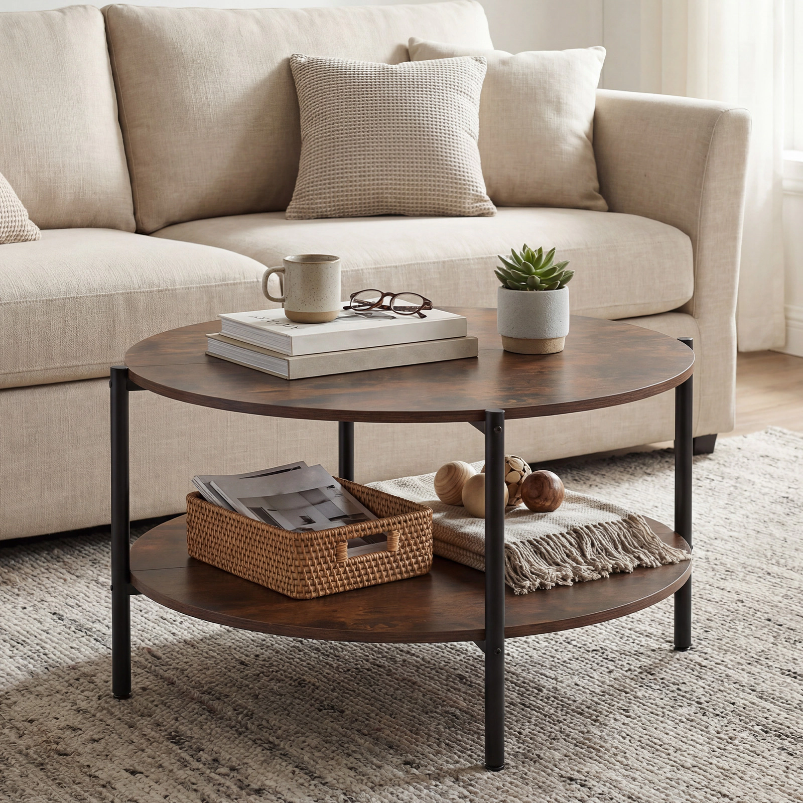 SUGIFT 2-Tier Round Coffee Table with Open Storage Shelf 200-lb Capacity Engineered Wood and Metal Rustic Brown