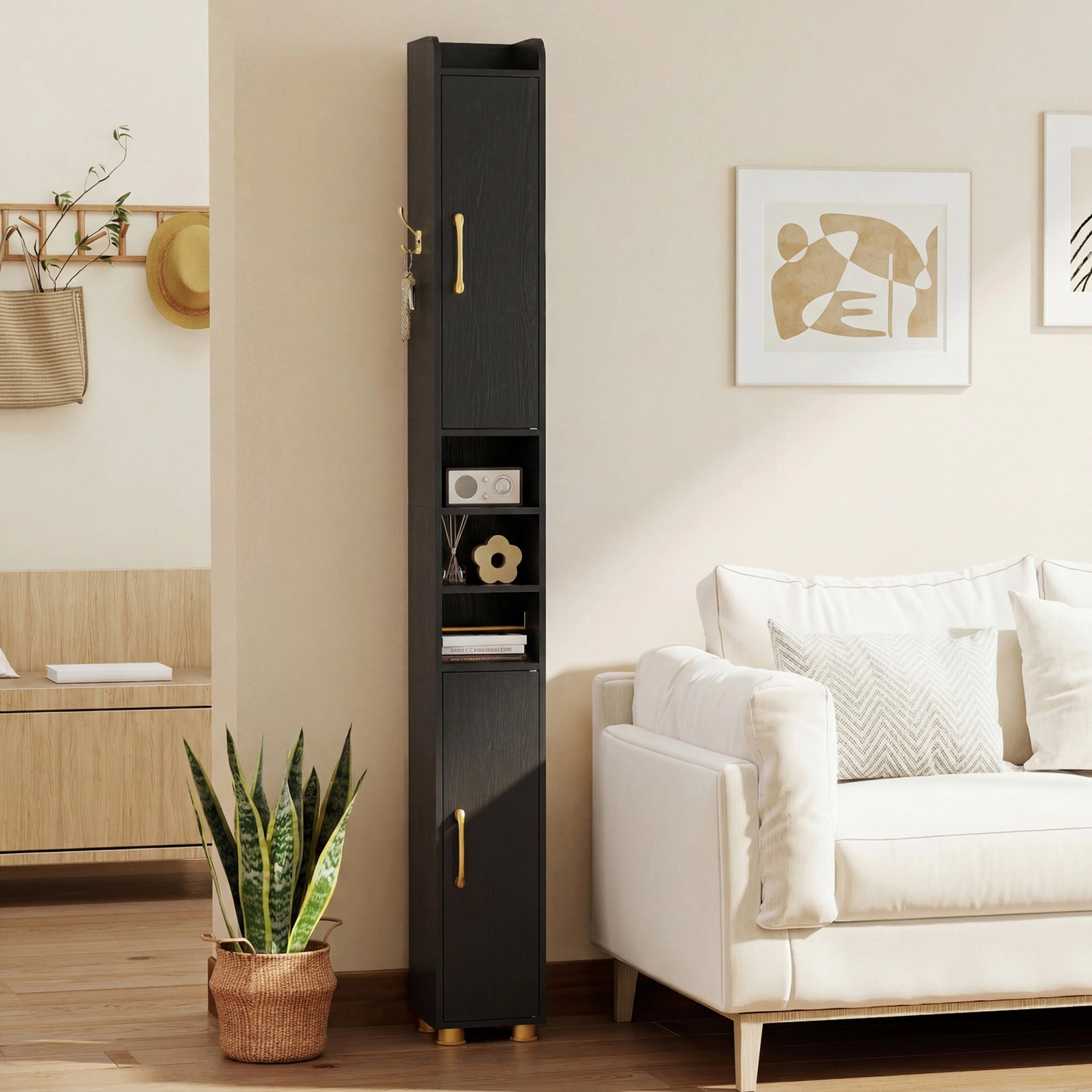 SUGIFT Tall Slim 2 Enclosed Sections Side Hook Bathroom Storage Cabinet 8-in x 8-in x 69.5-in 11-lb per Shelf Black