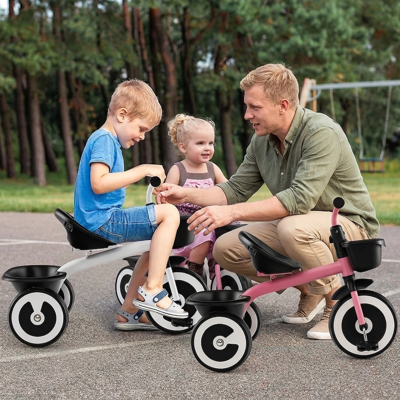Toddler Tricycle with Front and Rear Baskets 110-Degree Steering Limit and Adjustable Seat for 1.5-5 Years Kids Trike