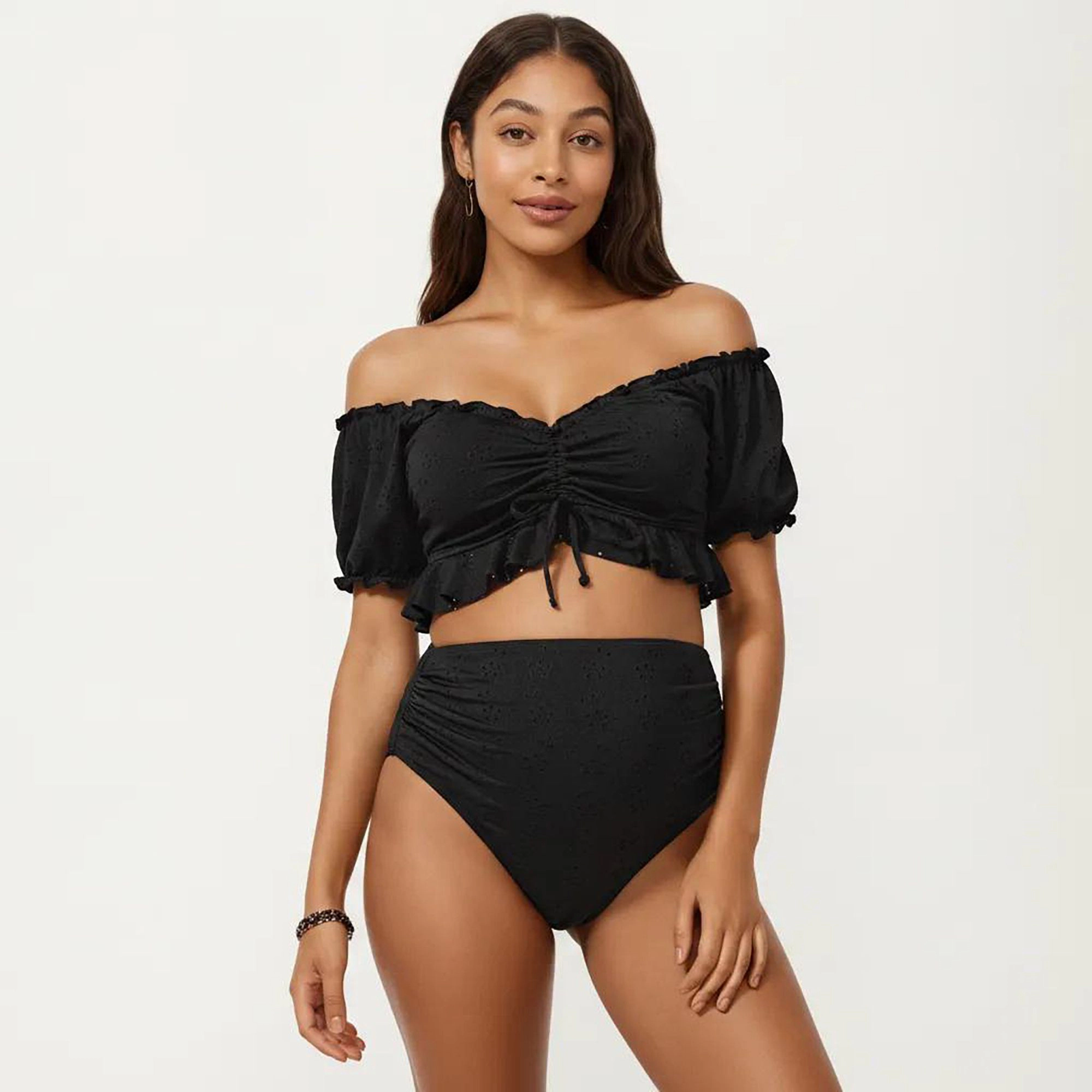 Anna-Kaci Women’s Maternity Off-Shoulder Ruffle Top and High-Waisted Tummy Control Bottoms