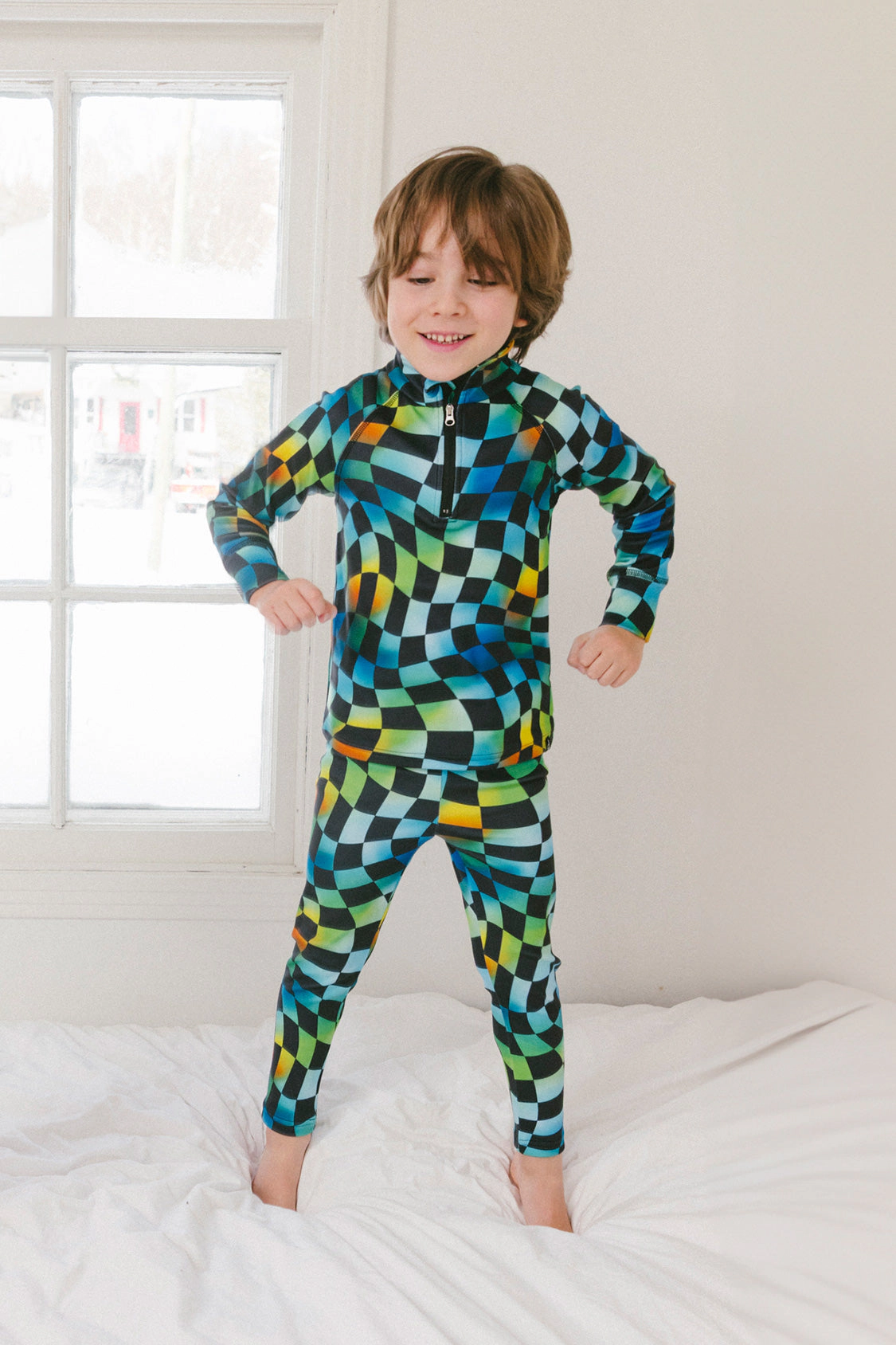 Deux par Boys Two Piece Checkered Print Half-Zip Thermal Underwear Top and Pants Set