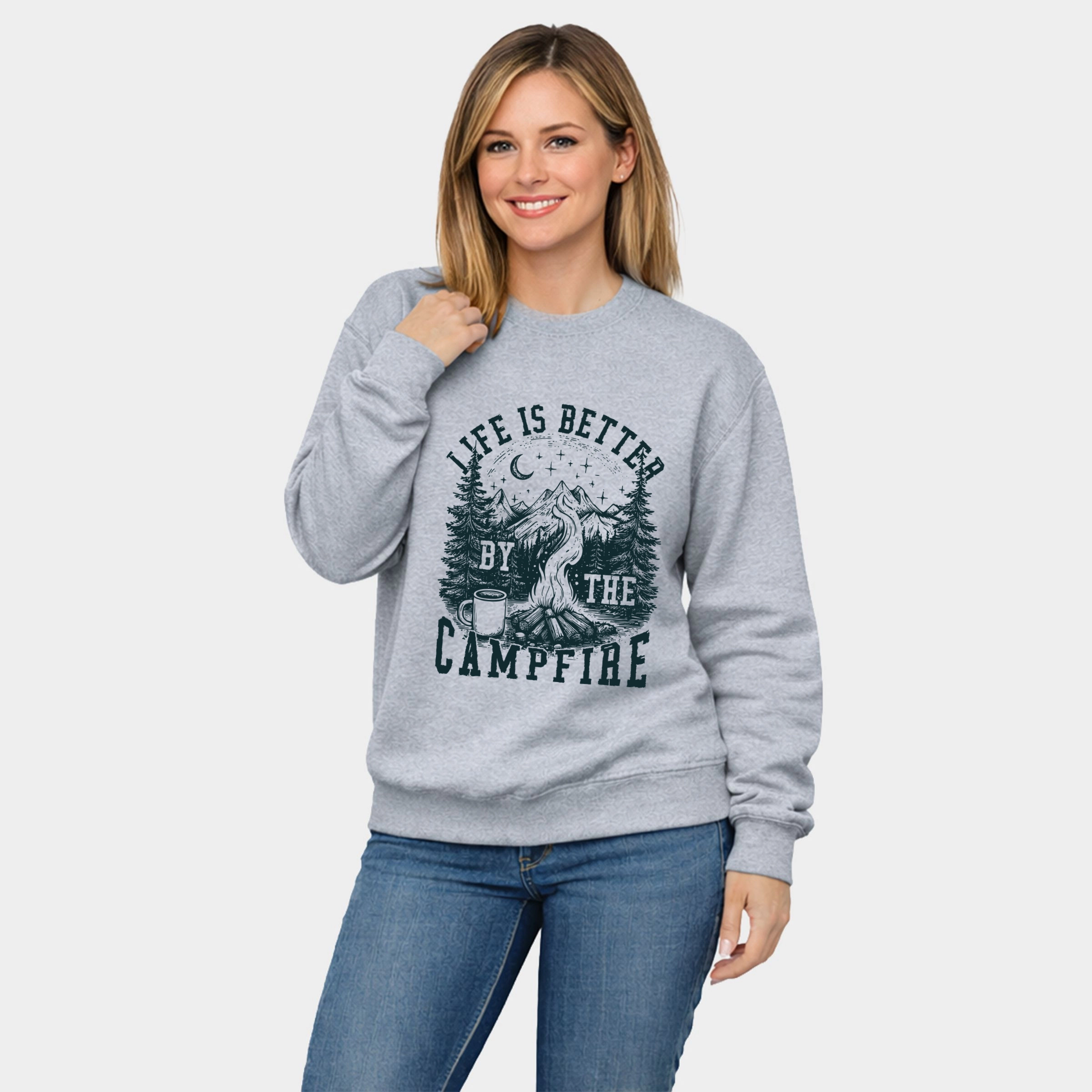 Simply Sage Market - Women's Graphic Sweatshirt Life is Better by the Campfire Forest