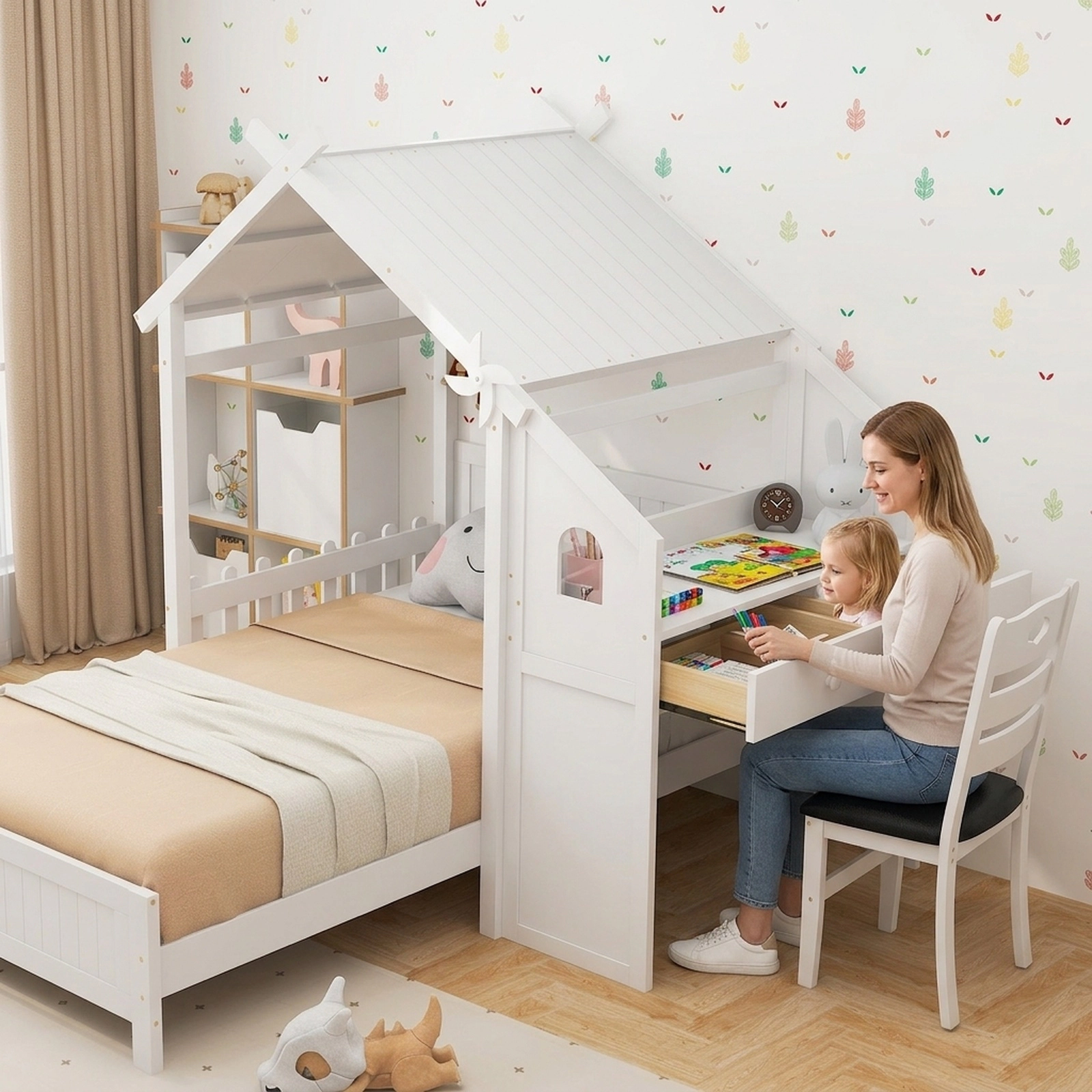SUGIFT Twin House Bed with Desk, 2 Drawers and Study Chair, White