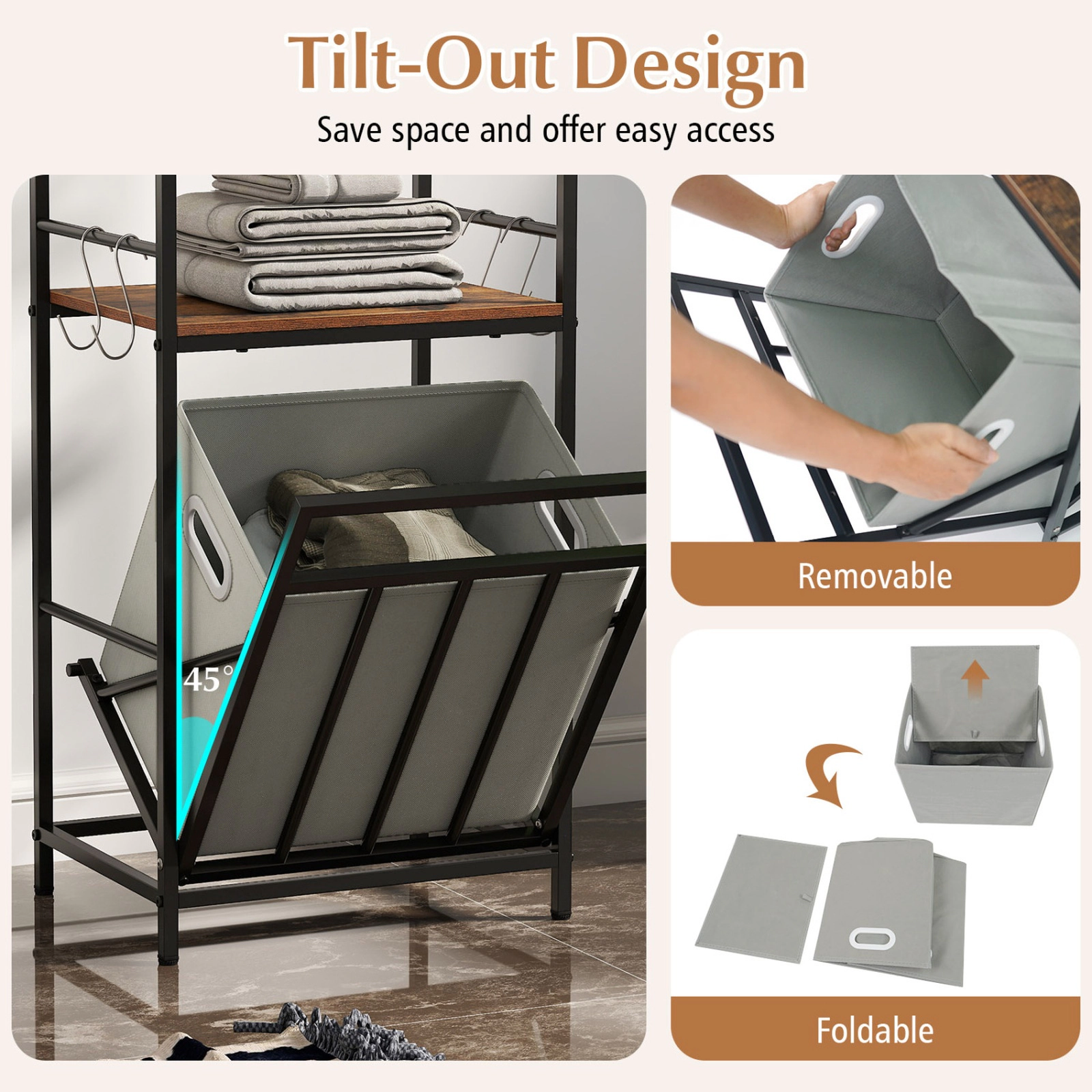 SUGIFT 2 Tier Laundry Hamper Black with Tilt-Out Basket Mesh Shelf and 4 Hooks