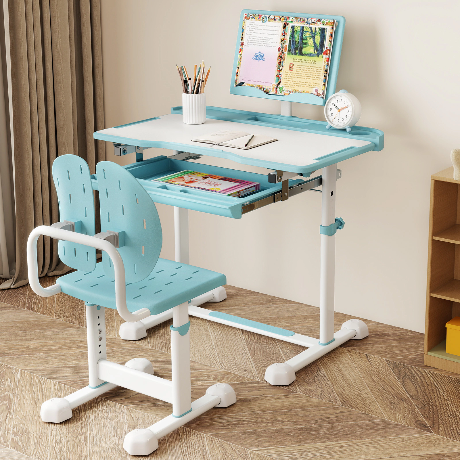 SUGIFT Adjustable Kids Study Desk & Chair Set with Tilt Desktop & Book Stand 176-lb Desktop 220-lb Seat 3+ Years Blue