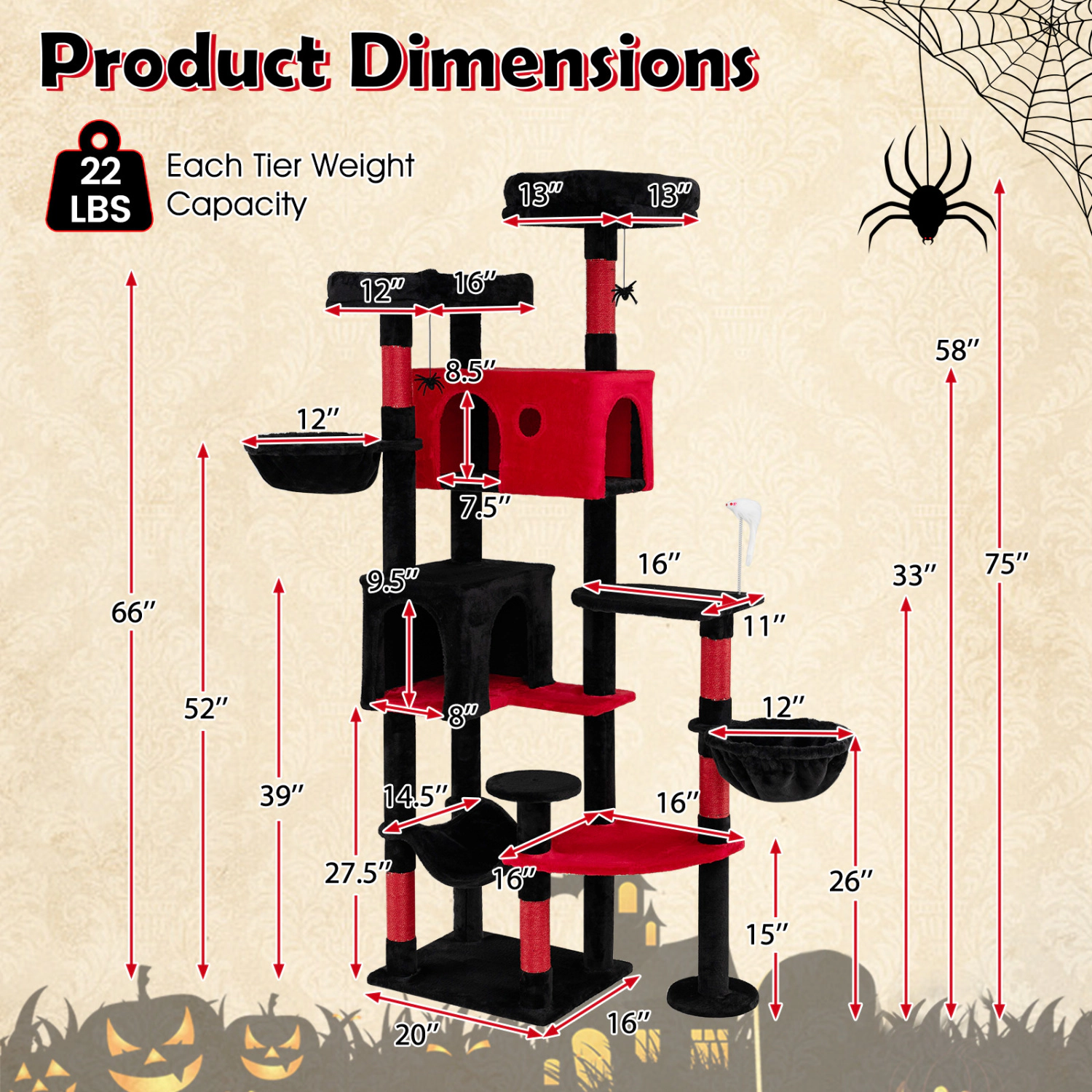 LJG 75 Inch Gothic Cat Tree with 2 Plush Perches for Indoor Cats