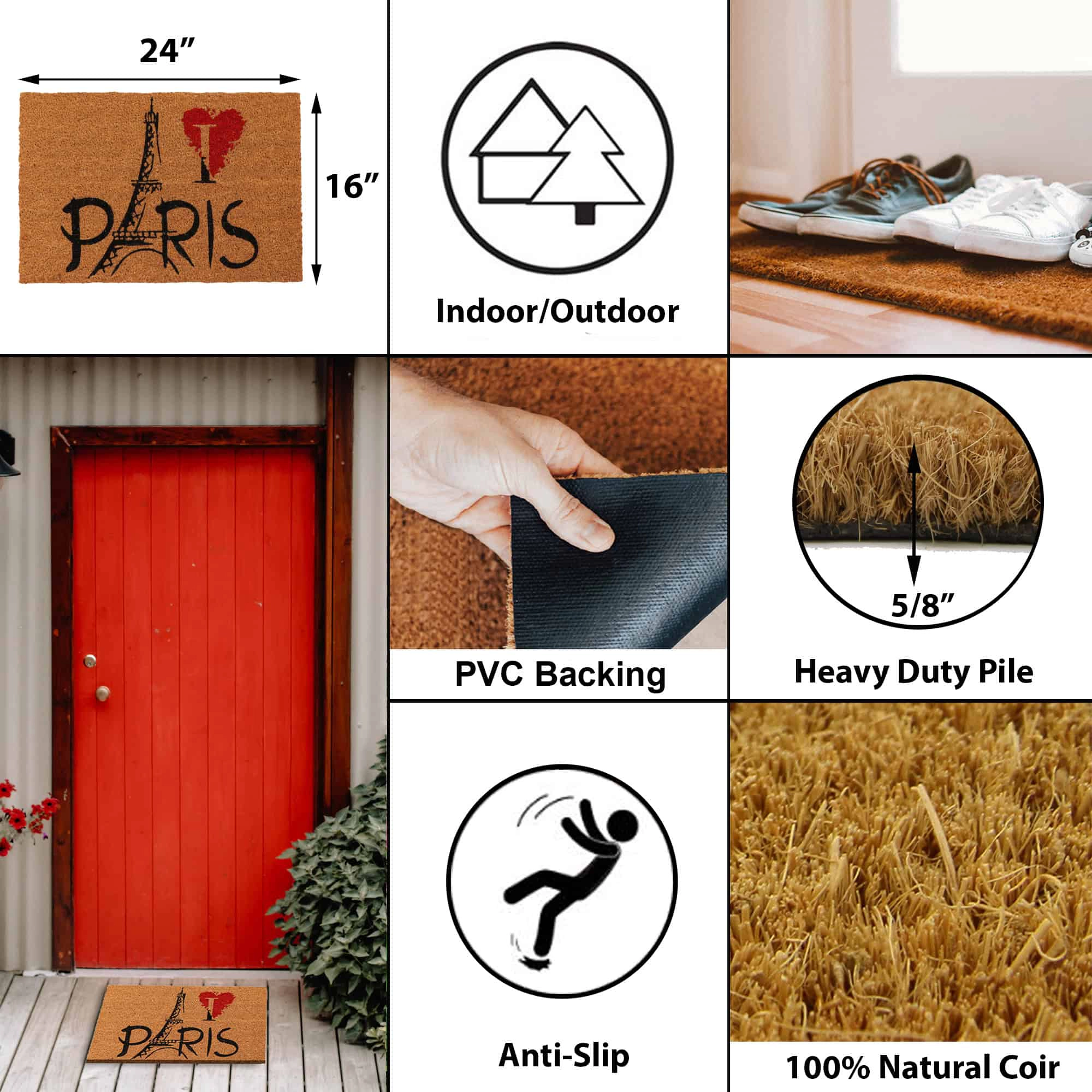 Evideco French Home Goods Natural Paris Eiffel Coir Doormat 24 x 16 Inches