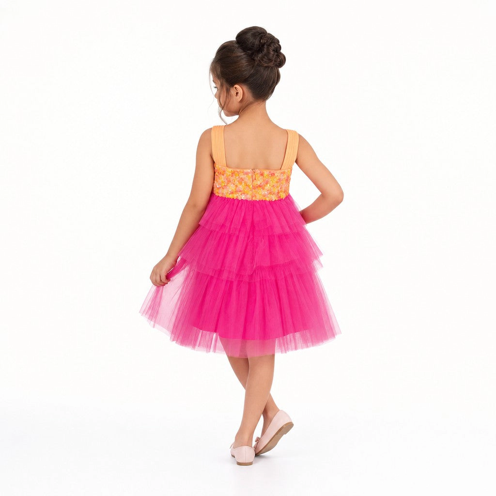 Faeella Girls Pink Lemonade Sequin Tiered Tulle Birthday Dress
