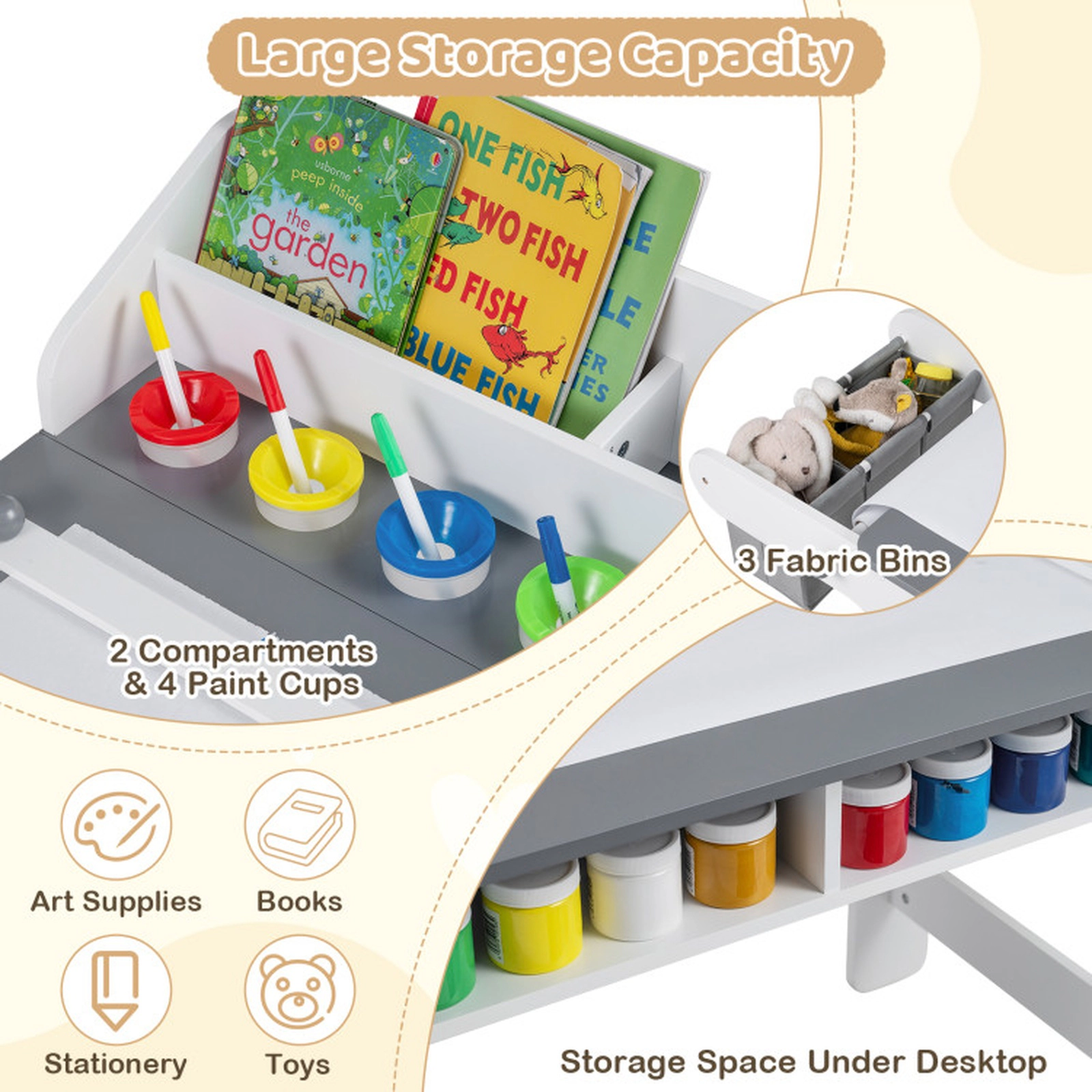 SUGIFT Gray Paper Roll Dispenser 4 Paint Cups and Fabric Bins Kids Art Table and Chair Set