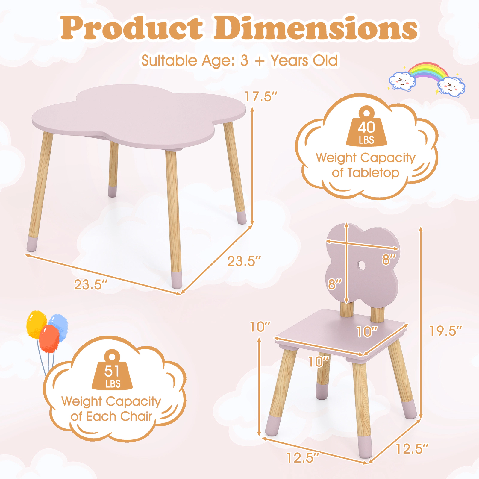 SUGIFT Pink Solid Pine Wood Legs 3-Piece Kids Flower Shaped Table and Chairs Set
