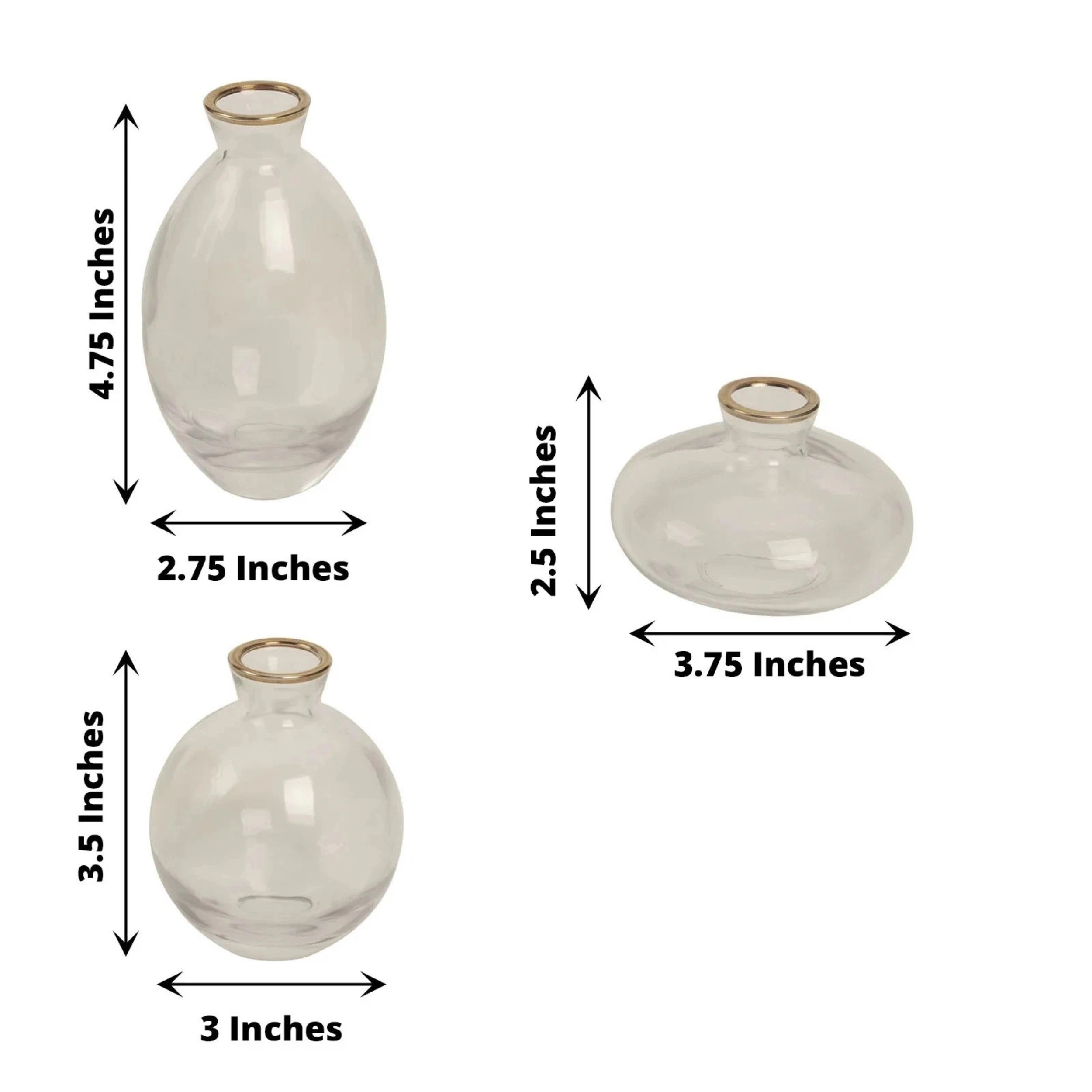 Home Collection Set of 3 Clear Glass Flower Vases with Gold Rim