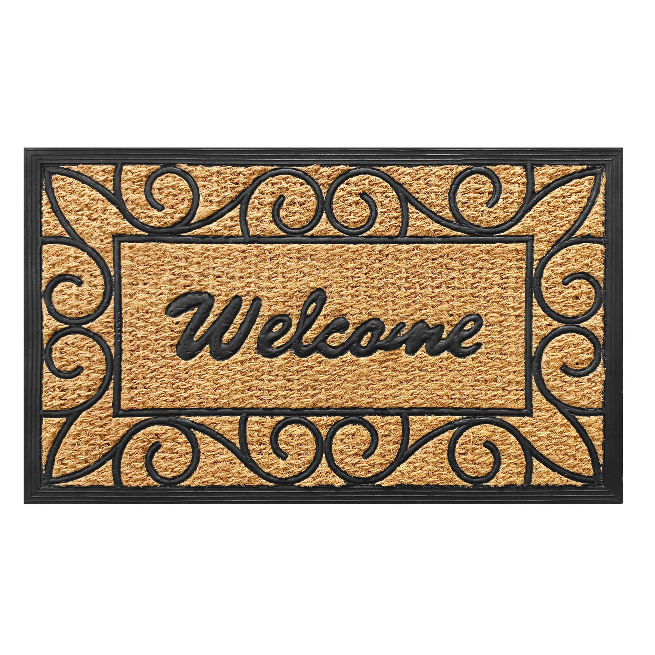 Kate Aurora Birmingham Welcome Scroll Coir Bristled Outdoor All Season Welcome Mat With Rubber Trim - 18"x30"