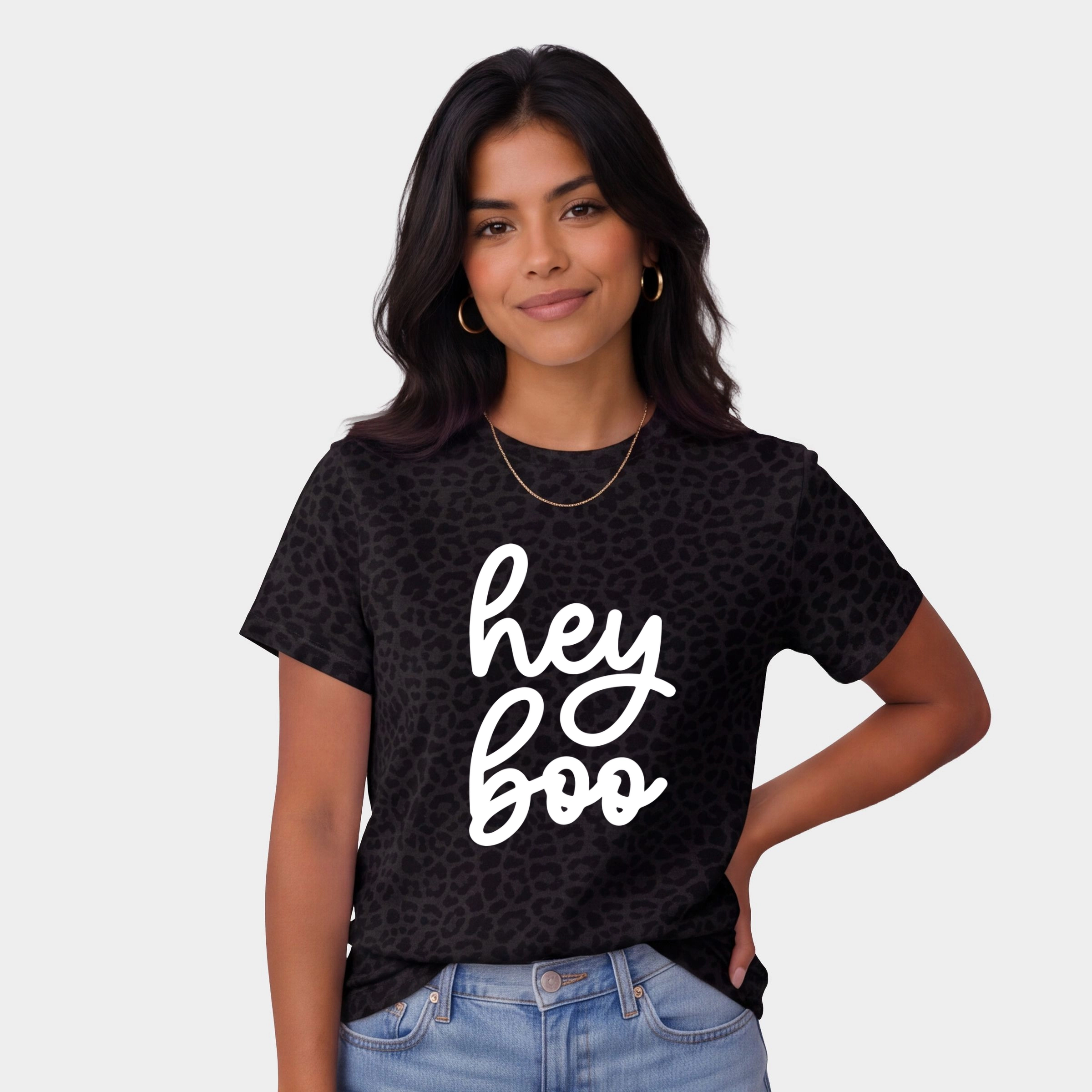 Simply Sage Market - Women's Leopard Print Tee Hey Boo Cursive Puff