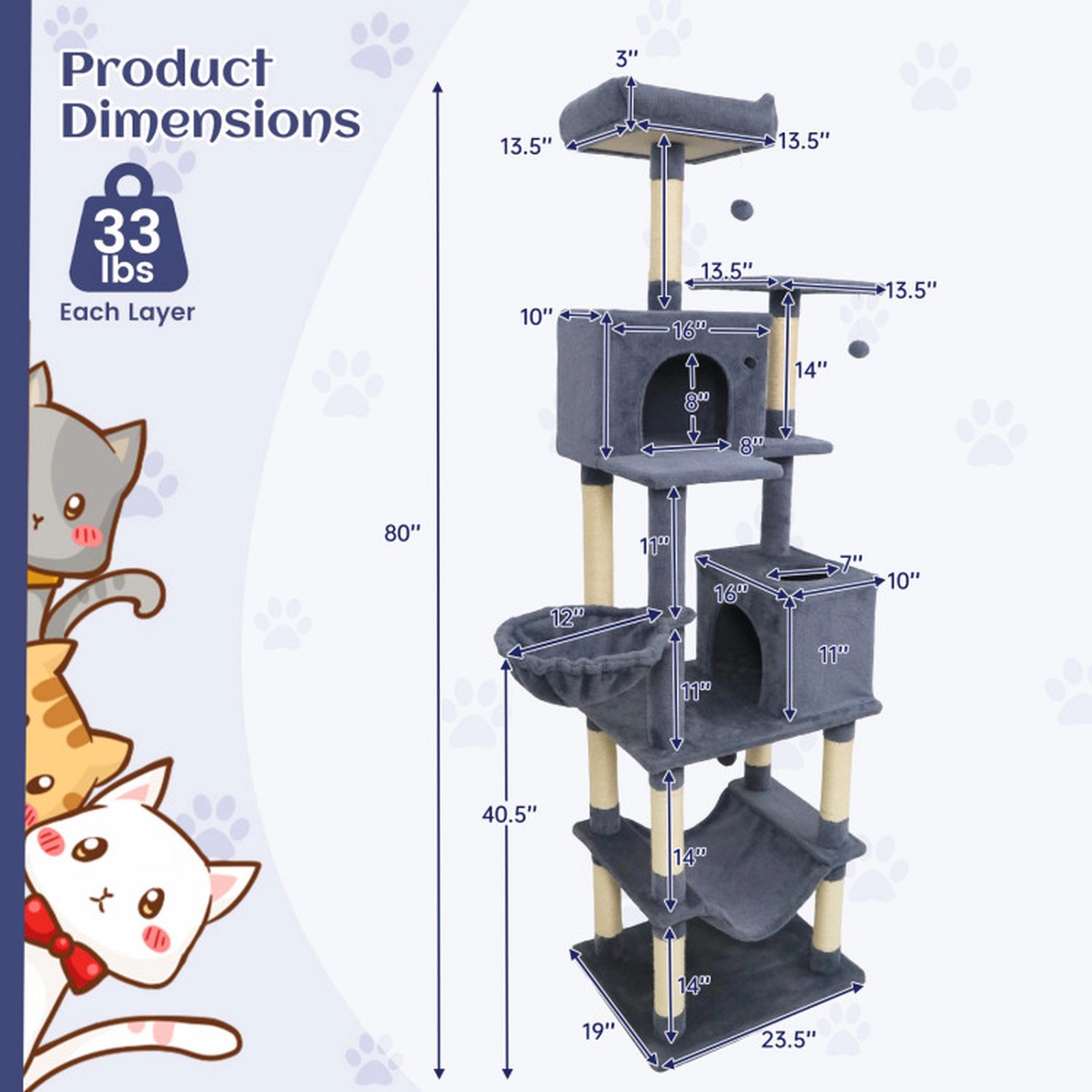 SUGIFT 80-in Tall Multi-Level Cat Tree 2 Large Condos, Hammock, Basket & Dangling Toys 33-lb Capacity per Layer Dark
