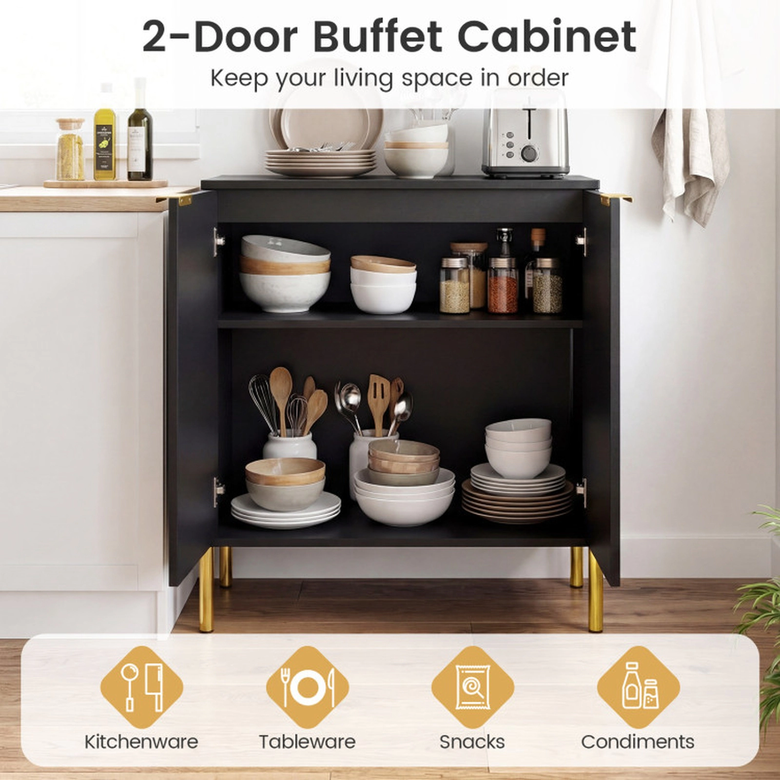 SUGIFT Set of 2 135-lb Top Capacity 31-in Black 2-Door Buffet Cabinet Sideboards with Elevated Metal Legs