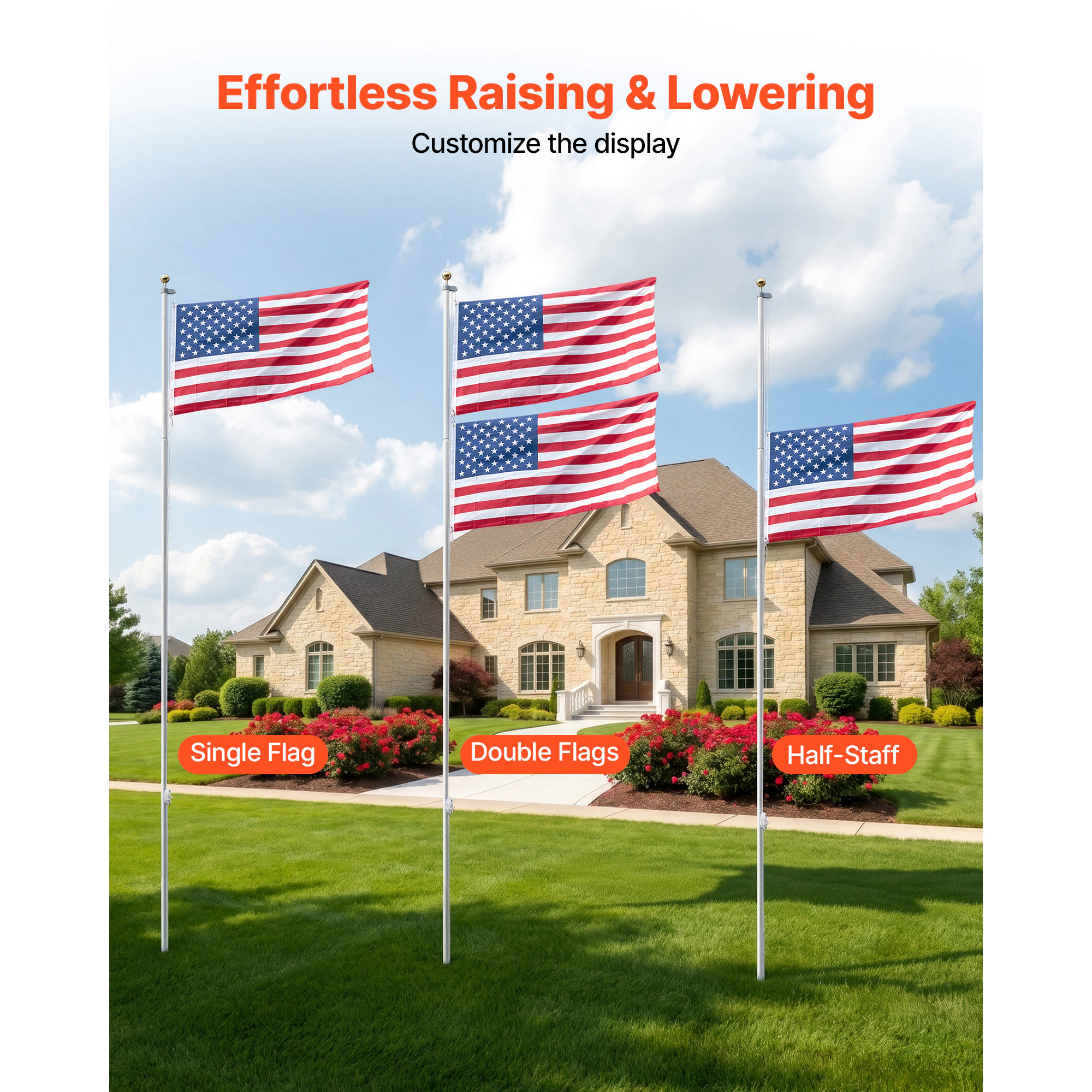 HONGGE 20 ft Sectional Flag Pole Kit, Heavy Duty Aluminum In-Ground Flagpole with 3x5 American Flag