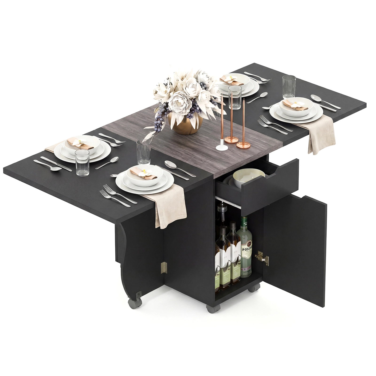 LJG Folding Dining Table 3-in-1 Space-Saving Drop Leaf Kitchen with Lockable Wheels