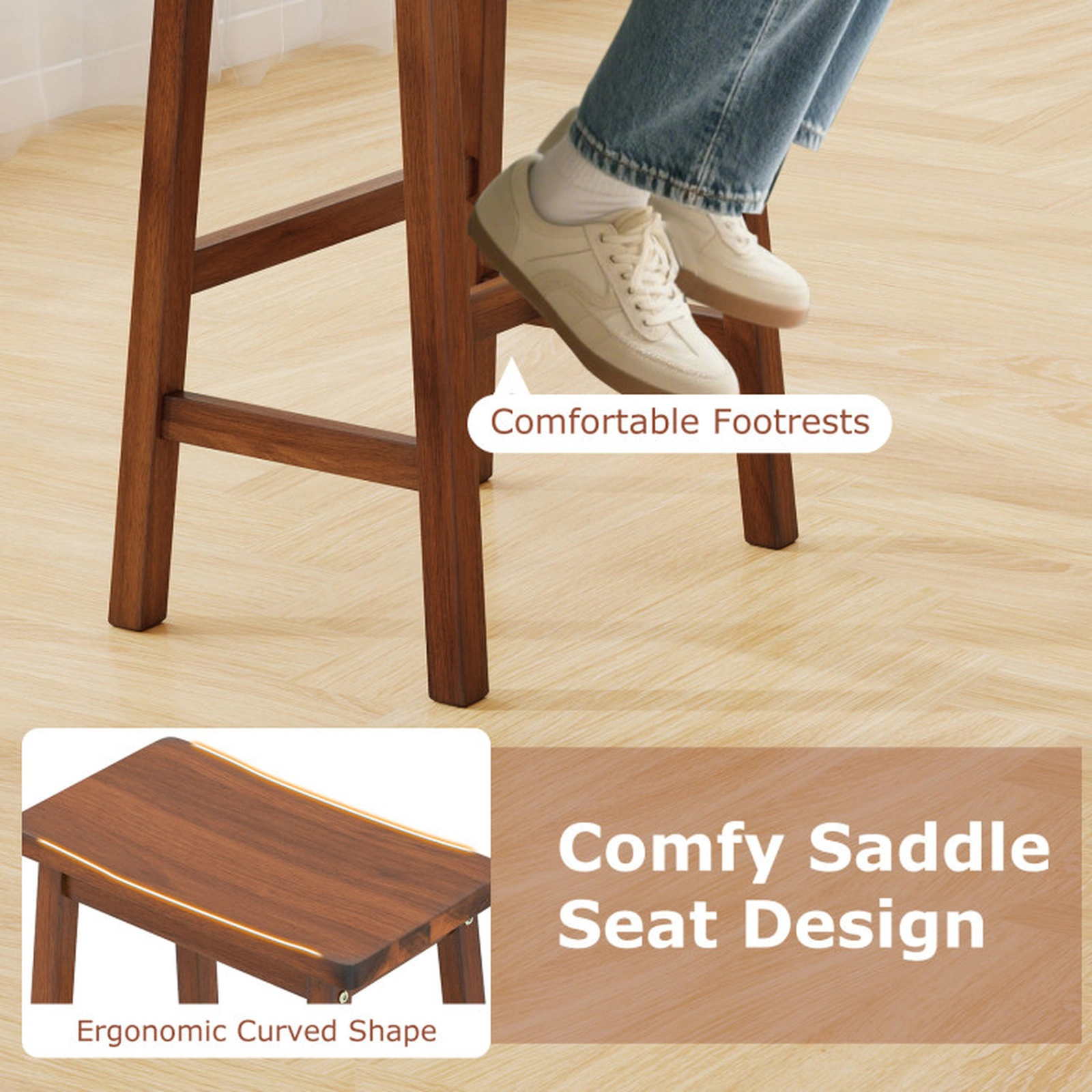 SUGIFT Set of 2 29 in. Backless Walnut Wood Saddle Bar Stools with Footrests, 330 lb Capacity
