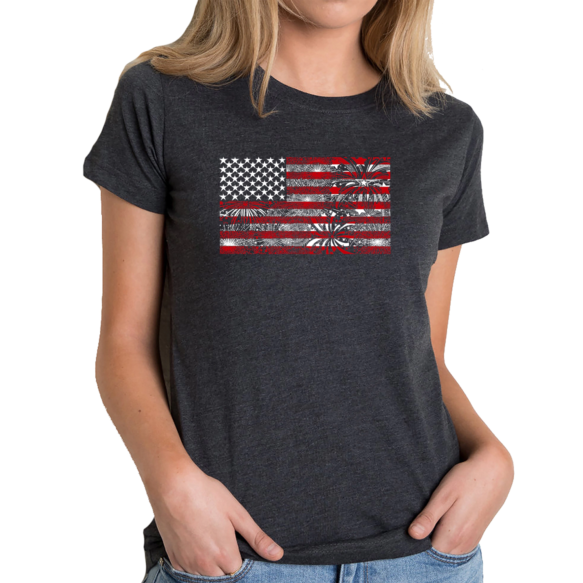 LA Pop Art Women's Cotton/Poly Blend Word TShirt - Fireworks American Flag