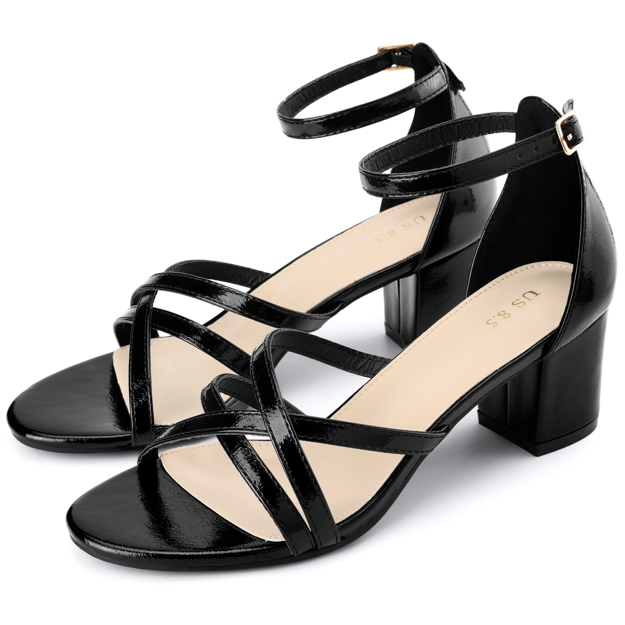 BLISSFUL STEP Women's Open Toe Chunky Heel Ankle Strap Strappy Sandals