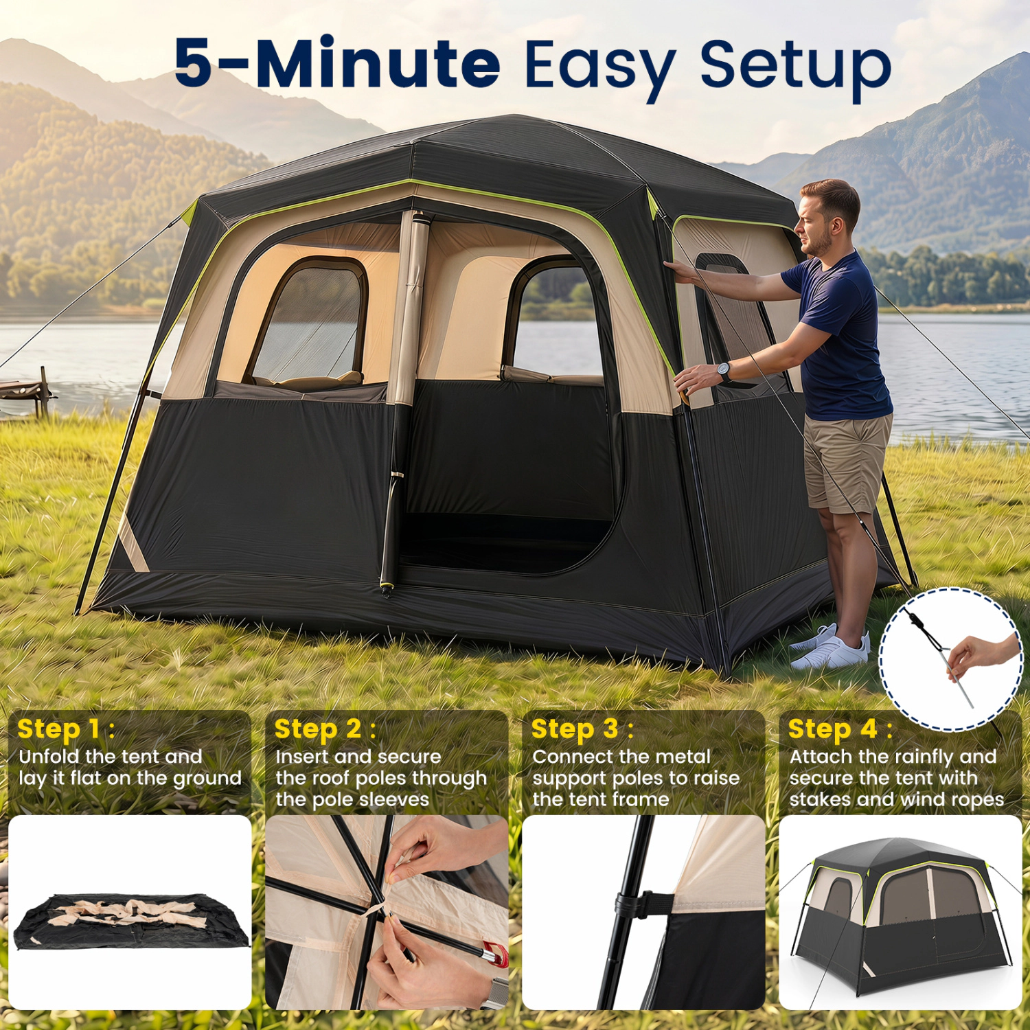 LJG 6-Person Camping Tent Easy Setup Family Cabin with Top Rainfly Mesh Windows