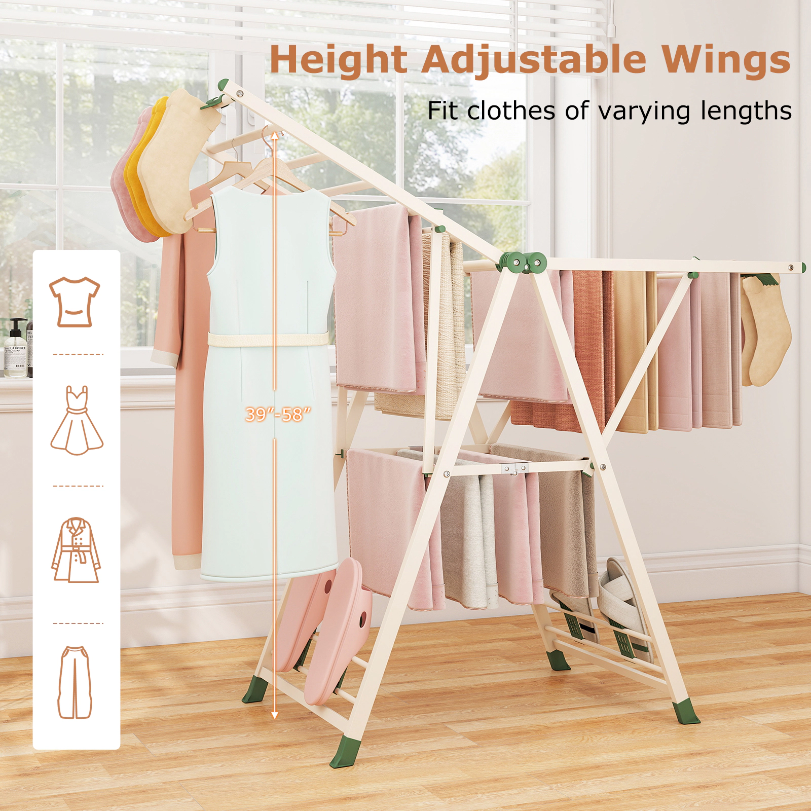 SUGIFT Height Adjustable Wing Clothes Drying Rack 90-lb Capacity Beige/White