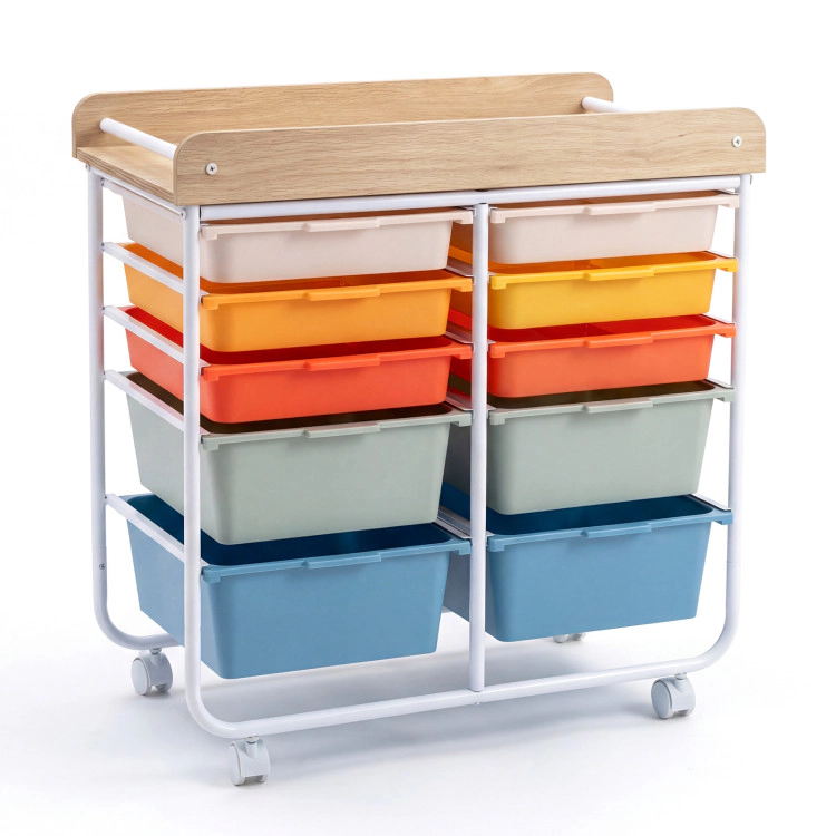 Hivvago 10-Drawer Rolling Cart with Wooden Tabletop and Lockable Wheels for Office