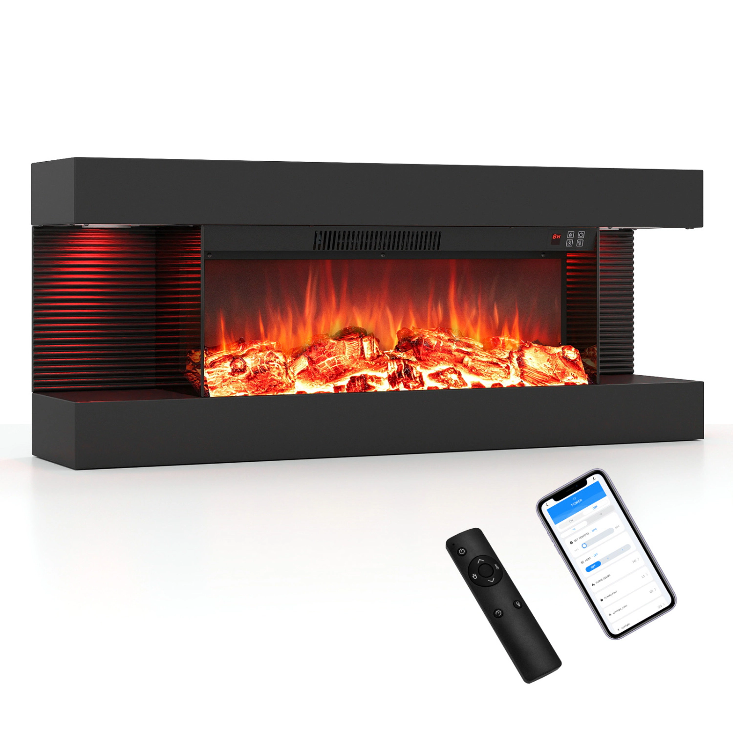 LJG 3-Sided Wall Mount Electric Fireplace with Floating Mantel for Living Room