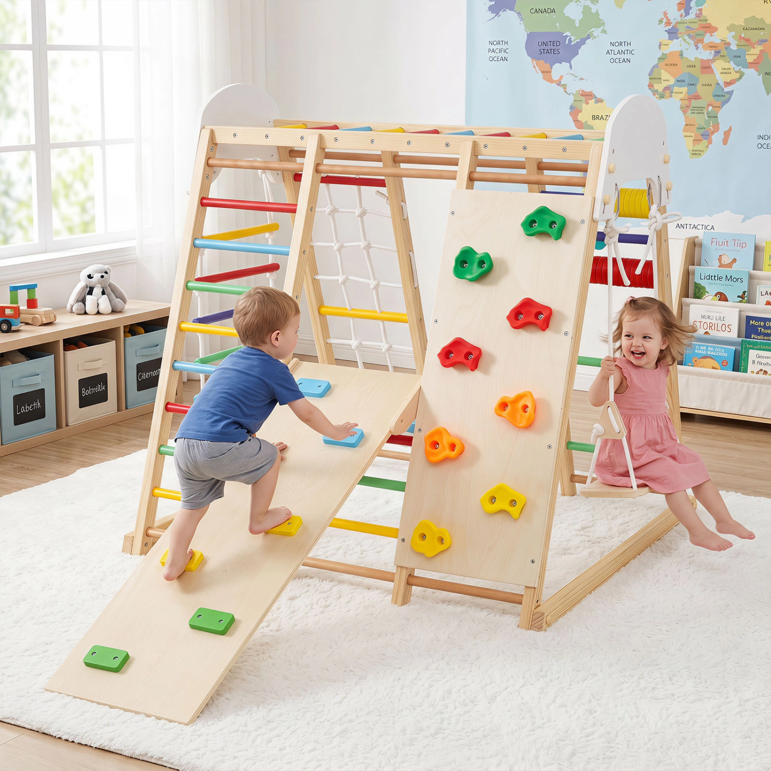LJG 8-in-1 Foldable Indoor Jungle Gym for Kids with Swing and Monkey Bars