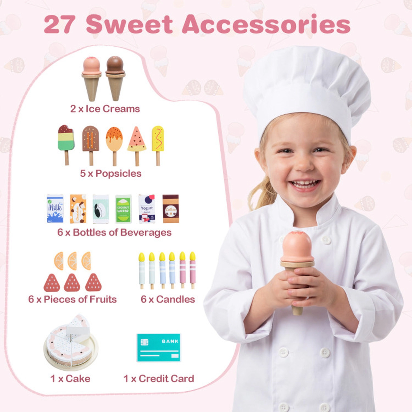 SUGIFT Wooden Kids Ice Cream Shop Playset with 27 Accessories and Ice Cream Machine 24.5-in Wide Ages 3+ Blue/Pink