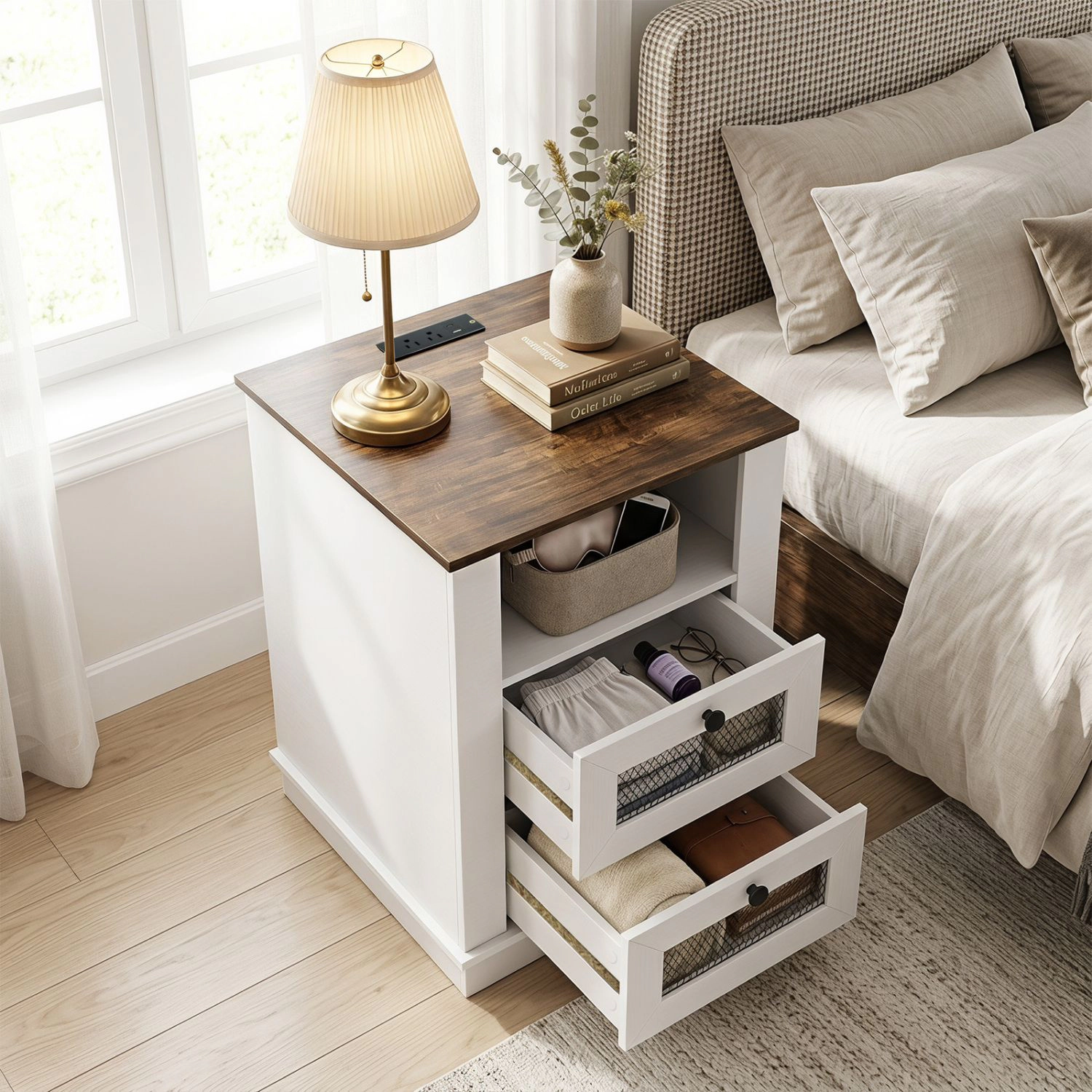 SlickBlue Rustic Brown Nightstand with Charging Station and Drawers