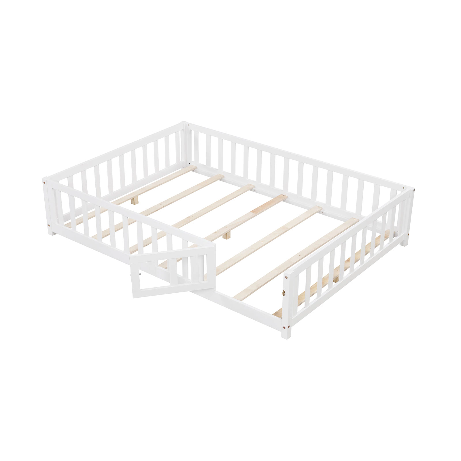 SUGIFT Low Floor Montessori Bed Frame Full-length Guardrails Safety Door 330-lb Capacity 78-in Wide Toddler Bed White