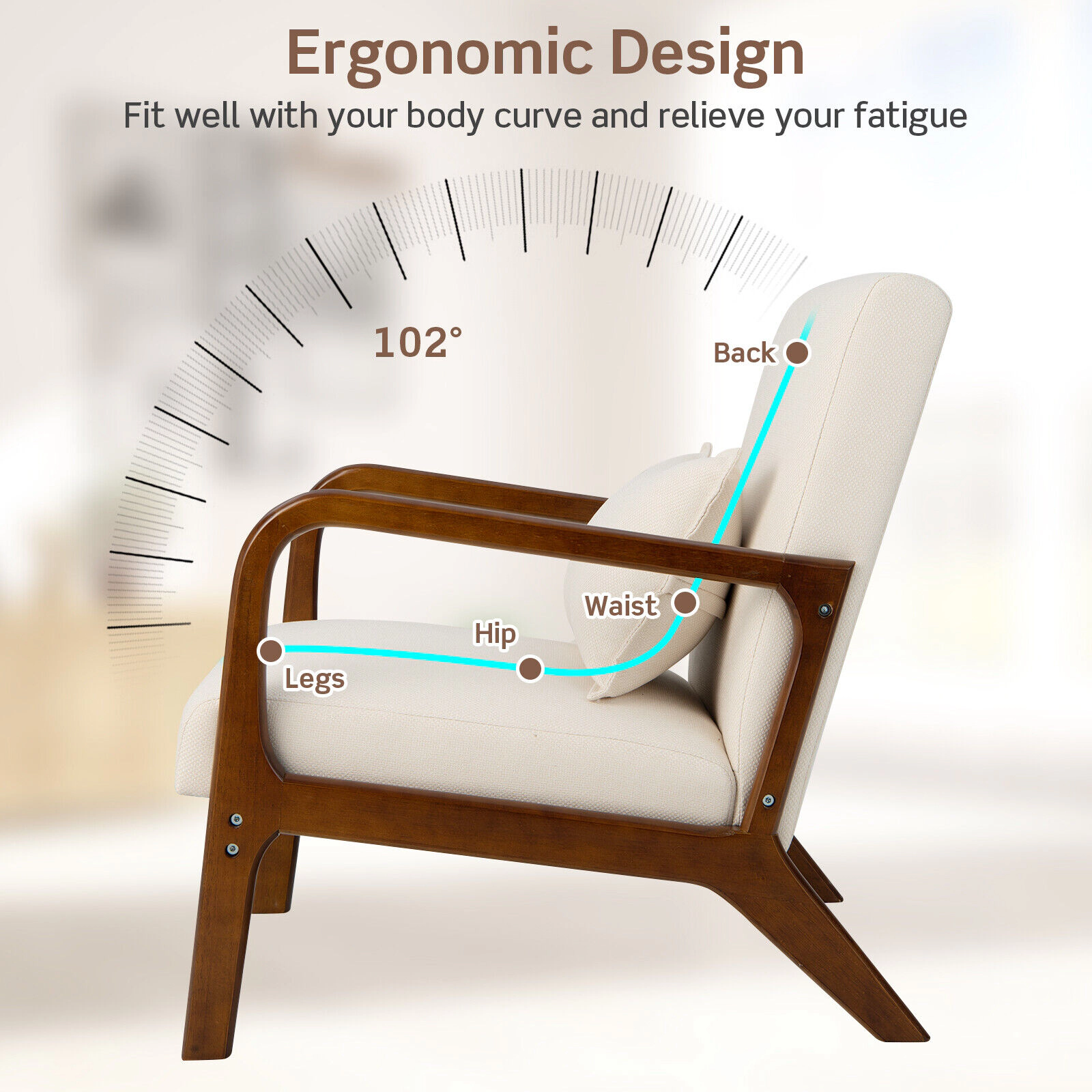 SUGIFT Beige 330-lb Capacity Faux Linen Modern Accent Chair with Rubber Wood Frame Armrests and Lumbar Pillow