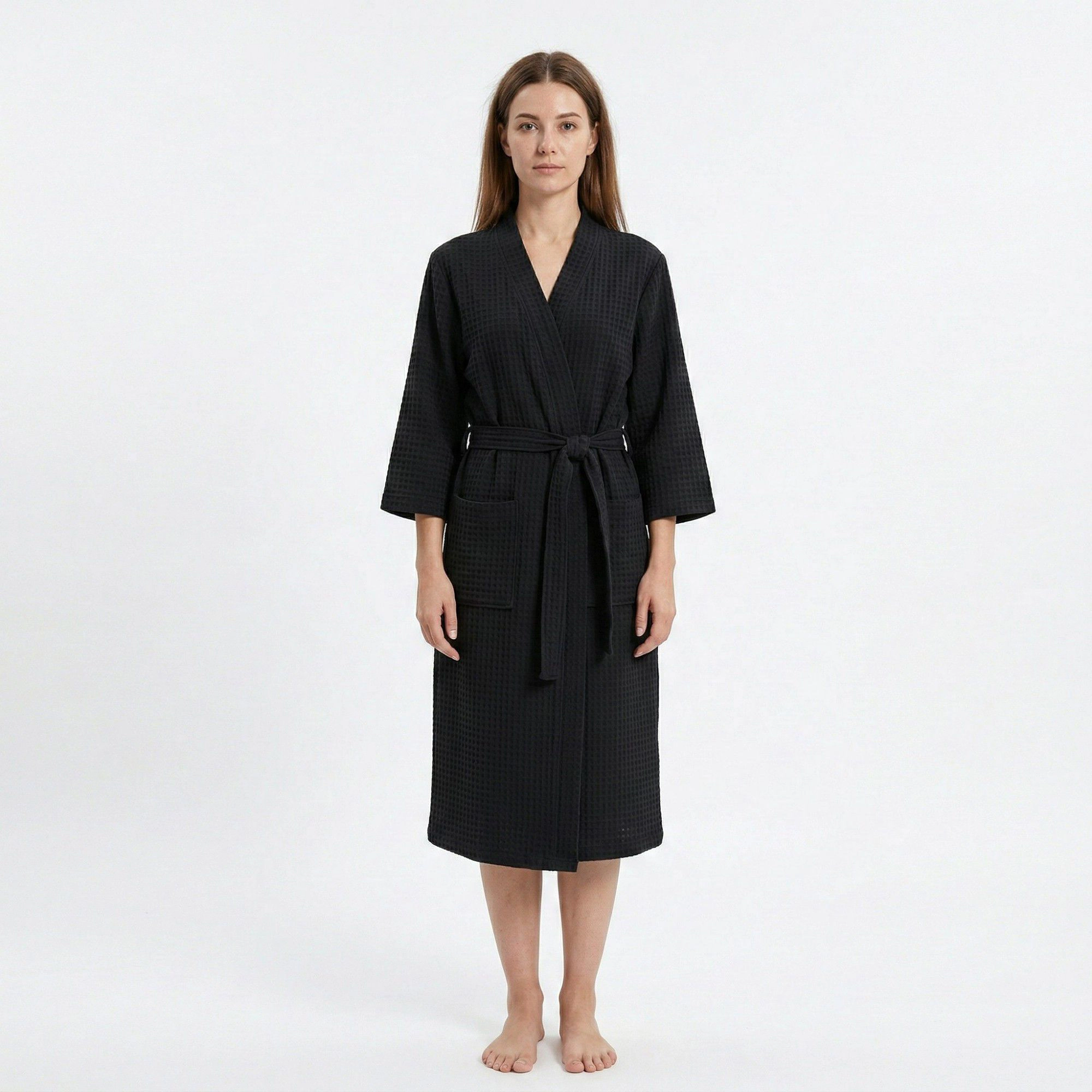 Anna-Kaci Women's Textured Knit Wrap Bathrobe Three Quarter Sleeves Adjustable Waist Tie Design and Front Pockets
