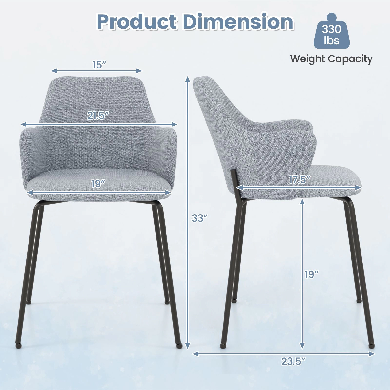 SlickBlue Gray Modern Dining Chair, Metal Frame, Upholstered Seat, 330 lbs