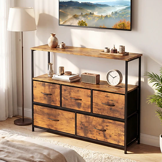 Glintex 39.5-Inch TV Stand Dresser with 5 Fabric Drawers and Open Shelf, Rustic Brown