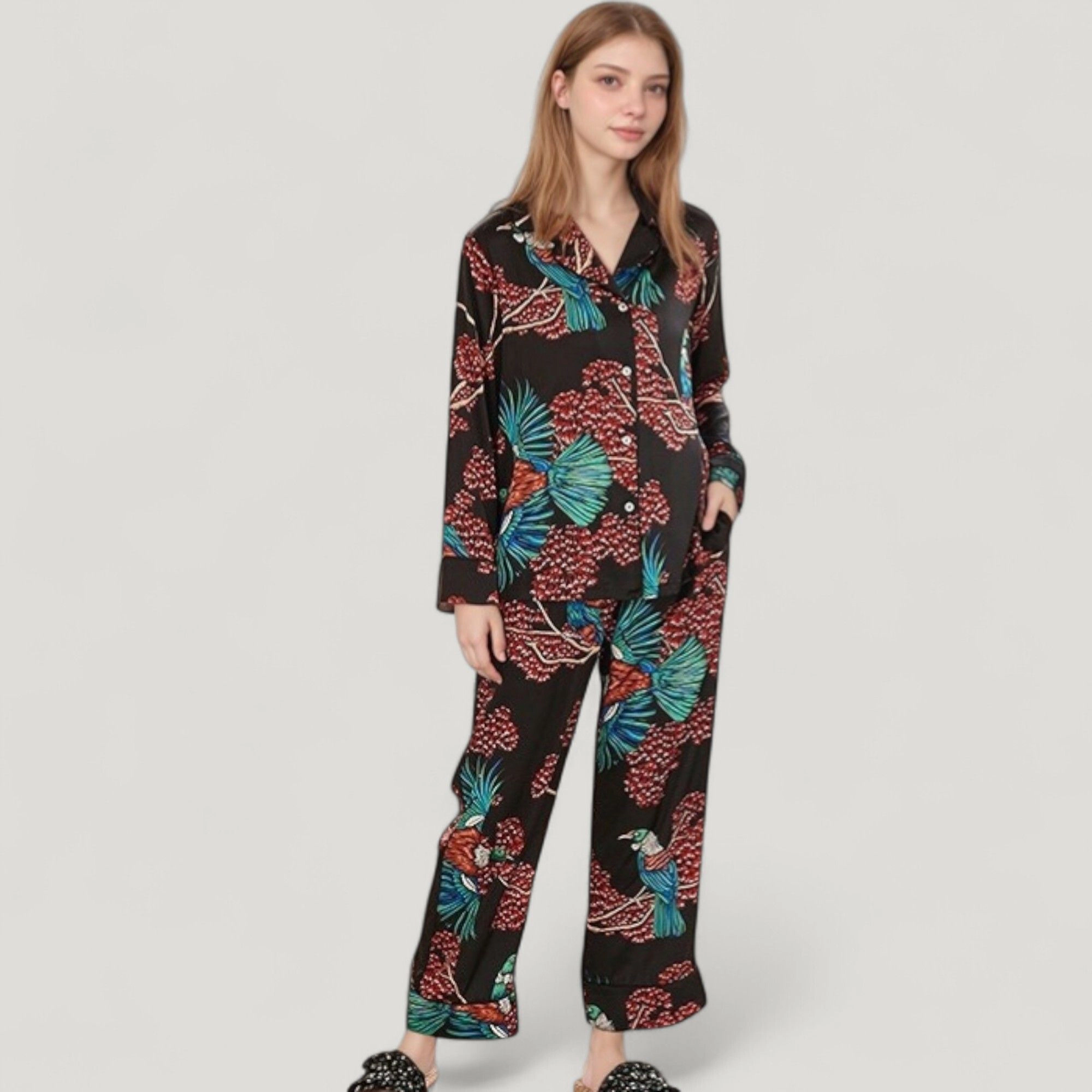 Anna-Kaci Women's Woven Two-Piece Pajama Set Tropical Bird and Botanical Print Long Sleeve Top Relaxed Fit Pants