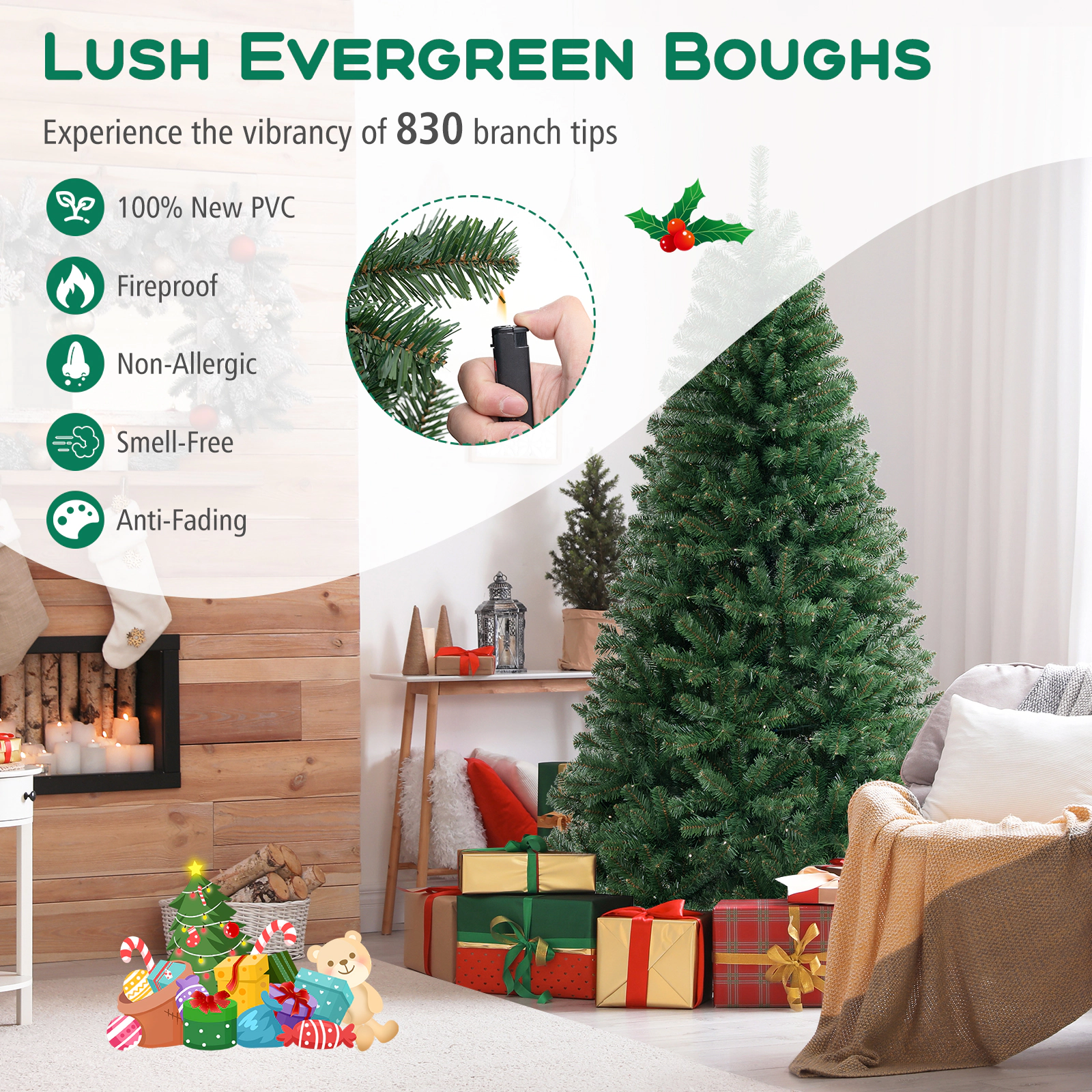 SUGIFT 7-Ft Pre-Lit Artificial Christmas Tree, 250 Warm White LED Lights, 8 Modes