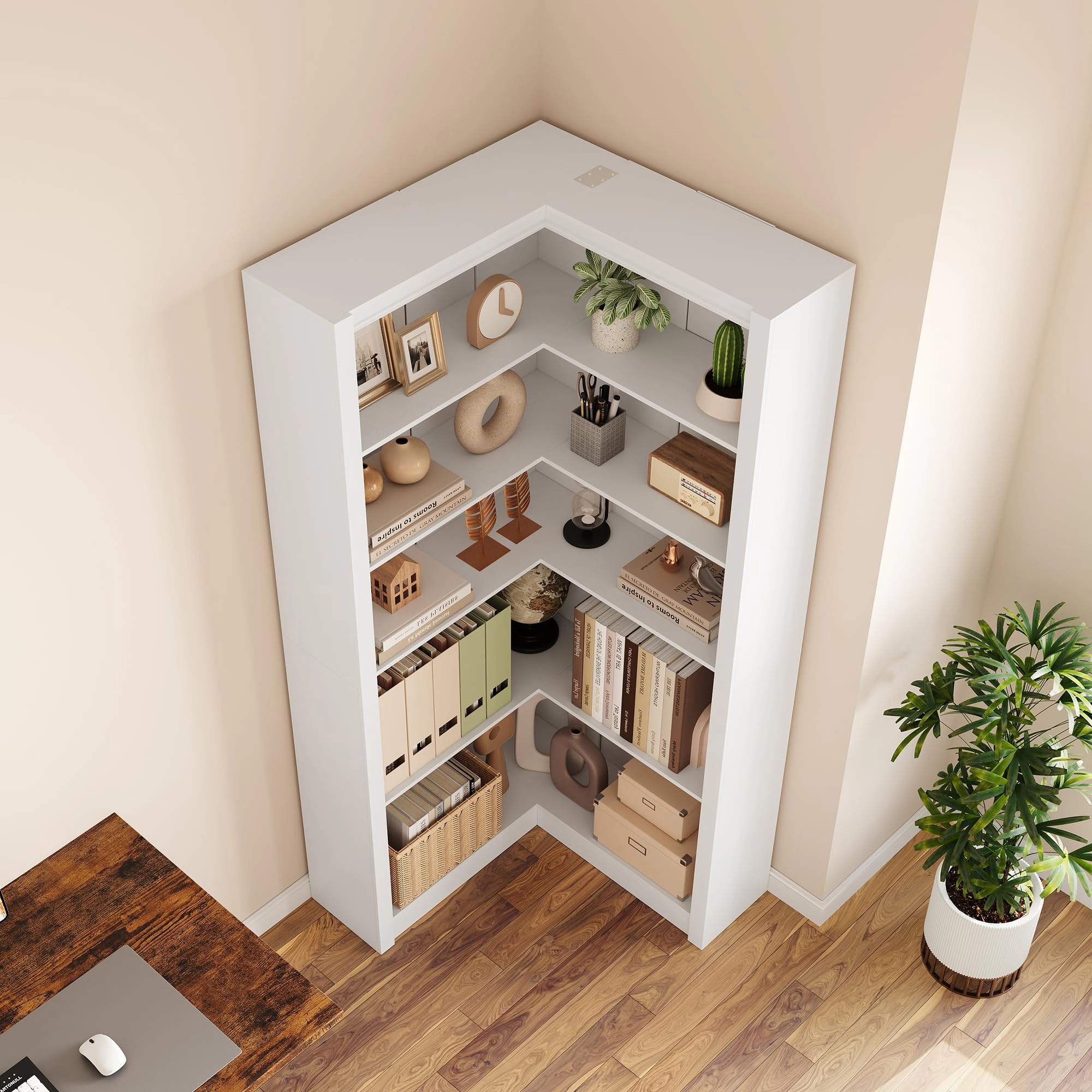 BebreezChic Large Industrial Corner Bookshelf – 5-Tier L-Shaped Wooden Display Shelves