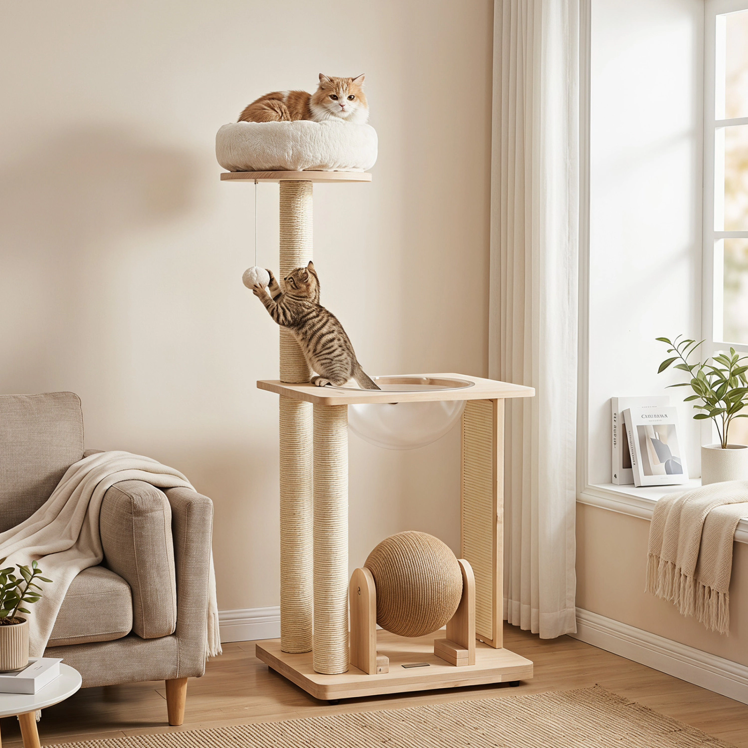LJG 40" Solid Wood Cat Tree with Space Capsule & Sisal Posts and Scratching Board