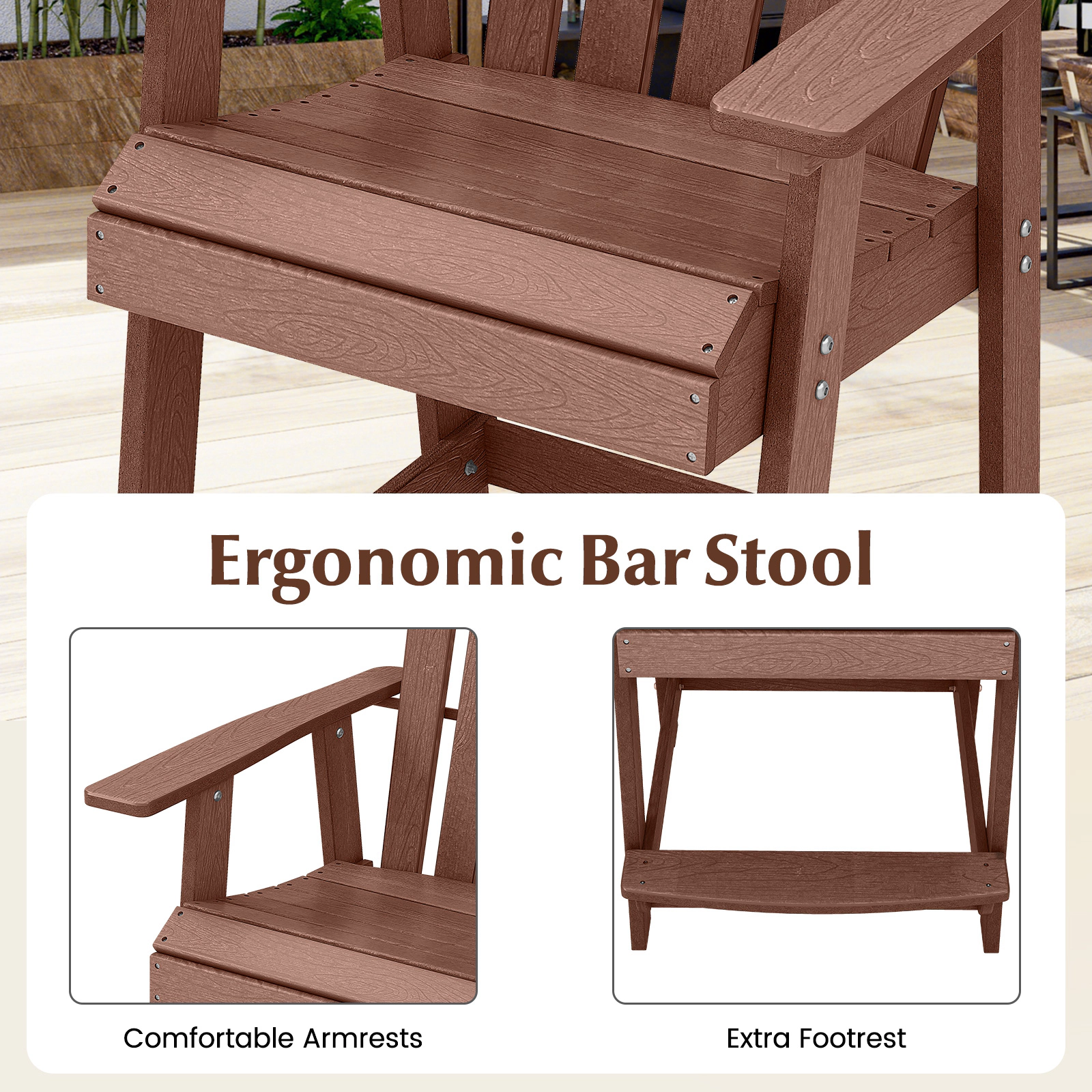SUGIFT Counter-Height Bar Stool, HDPE Indoor-Outdoor Chair with Arms, Footrest and Backrest, Coffee