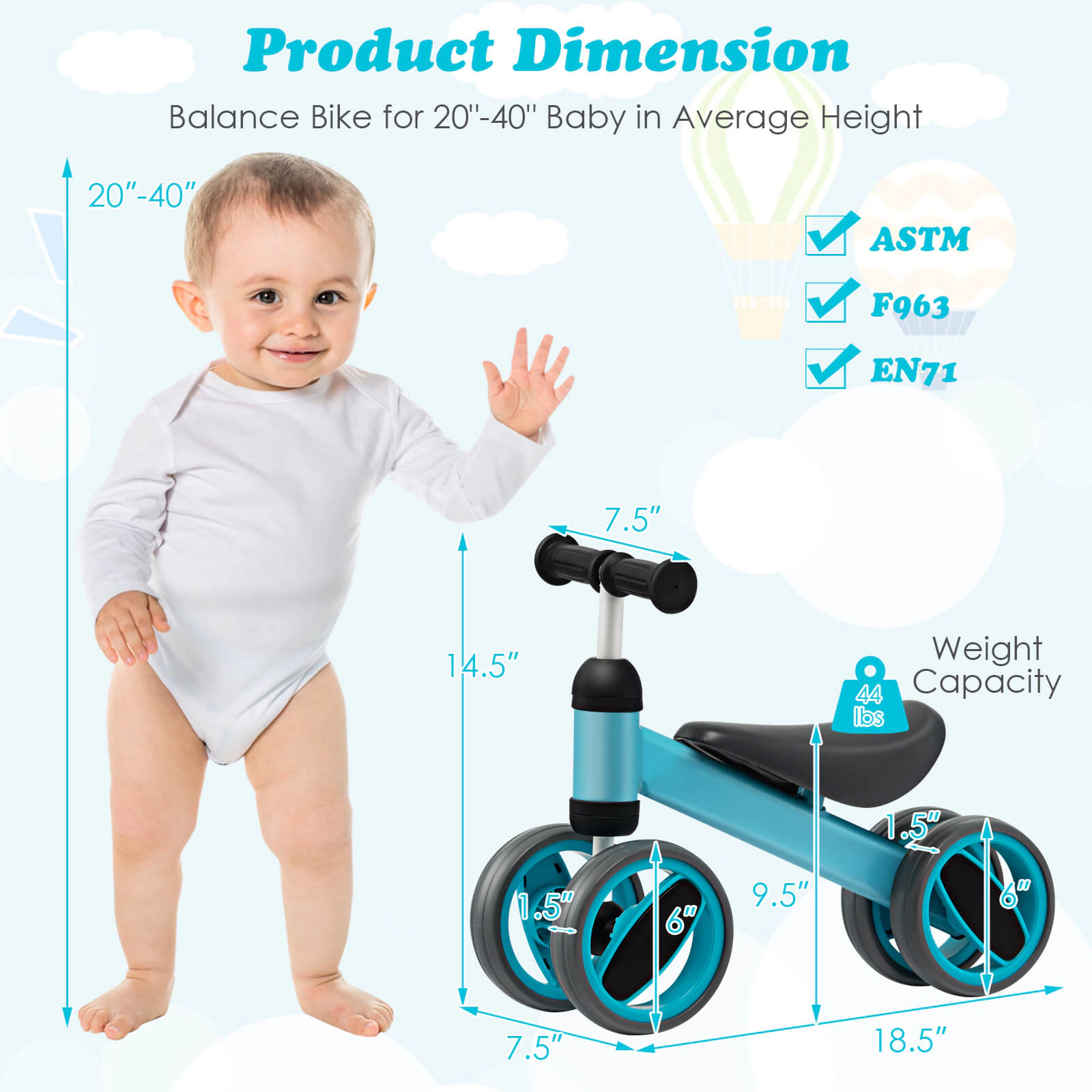 SUGIFT 4-Wheel Baby Balance Bike Toy with Steel Frame 44-lb Capacity Ages 1-2 Years 18.5-in Long 3.3-lb Net Weight Blue
