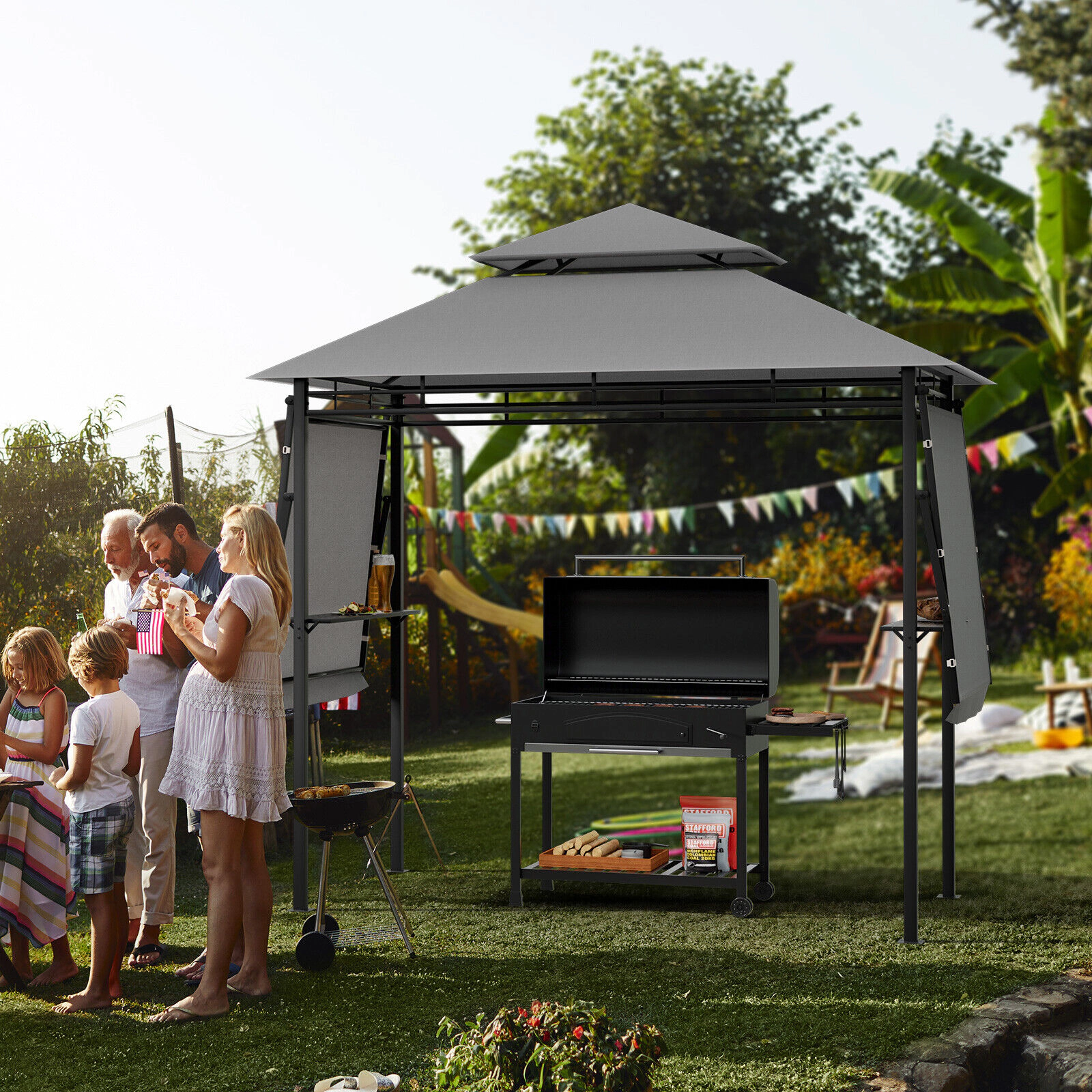 SUGIFT Patio BBQ Grill Gazebo Canopy with 2-Tier Roof and Dual Adjustable Side Awnings Beige/Gray